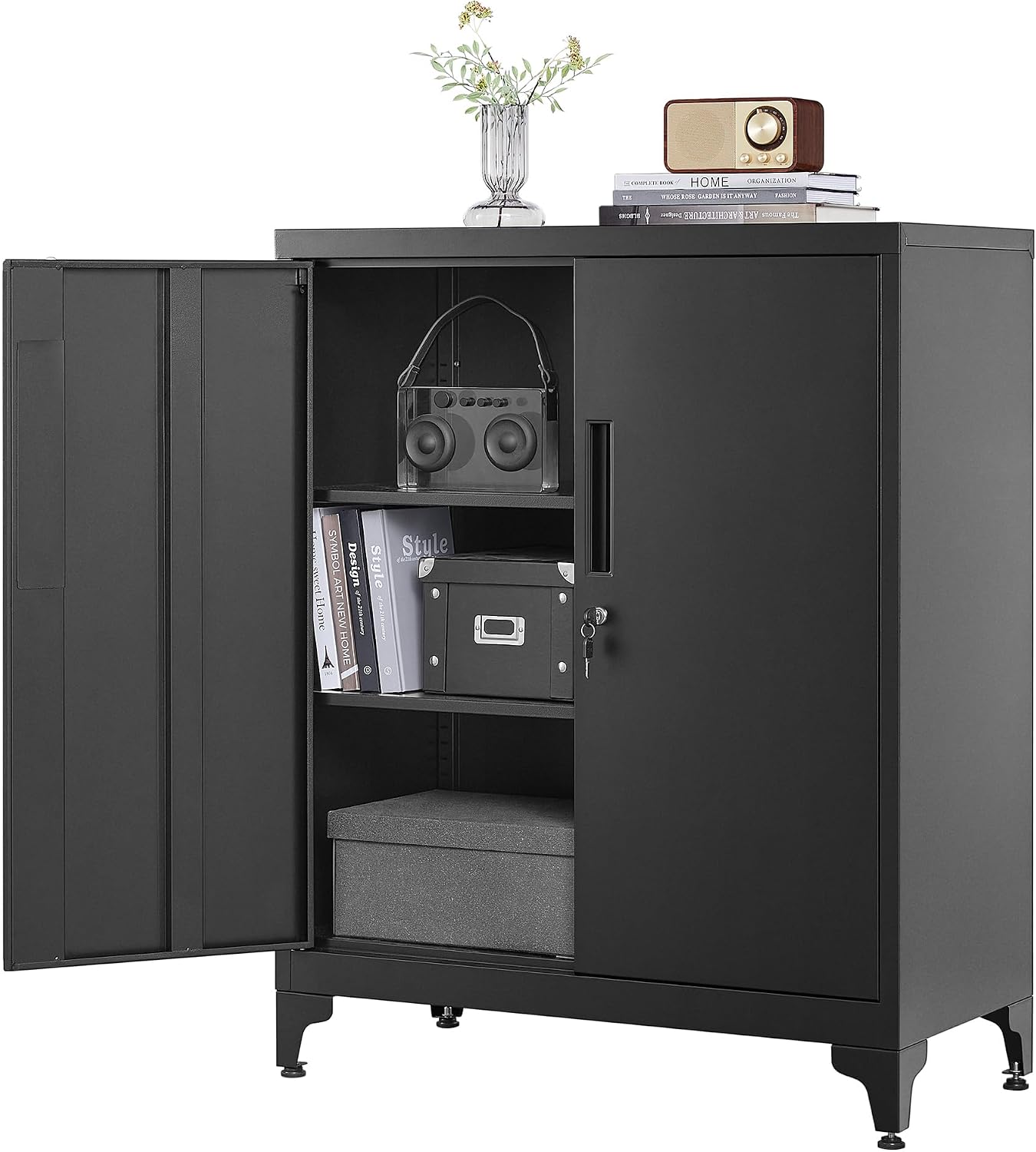 Detalle de SONGMICS OMC013B01 Steel Storage Cabinet, Black, with Lockable Doors