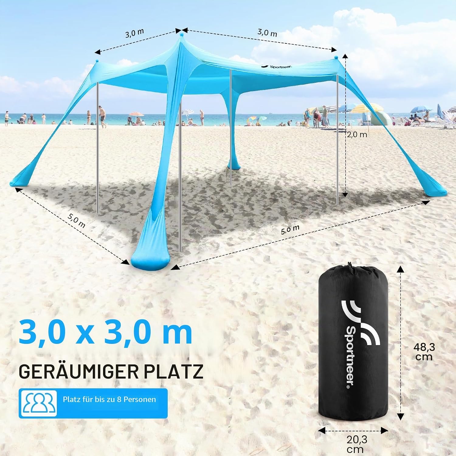 Detalle de Sonnensegel Strandzelt UPF50+ 3x3x2 m – Strandsonnenschutz mit 4 Stangen, 4 Sandsäcken und 4 Ground Anchors