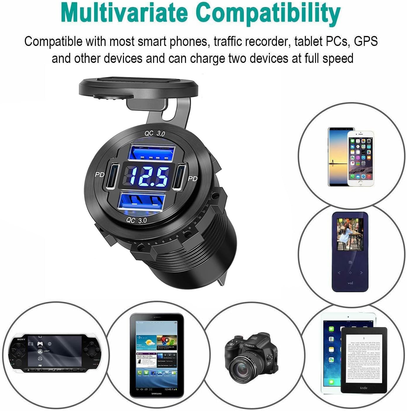 Detalle de Upgraded 12V USB Socket 4-in-1 Car Charger with QC3.0 and PD Ports, Aluminium, Voltmeter