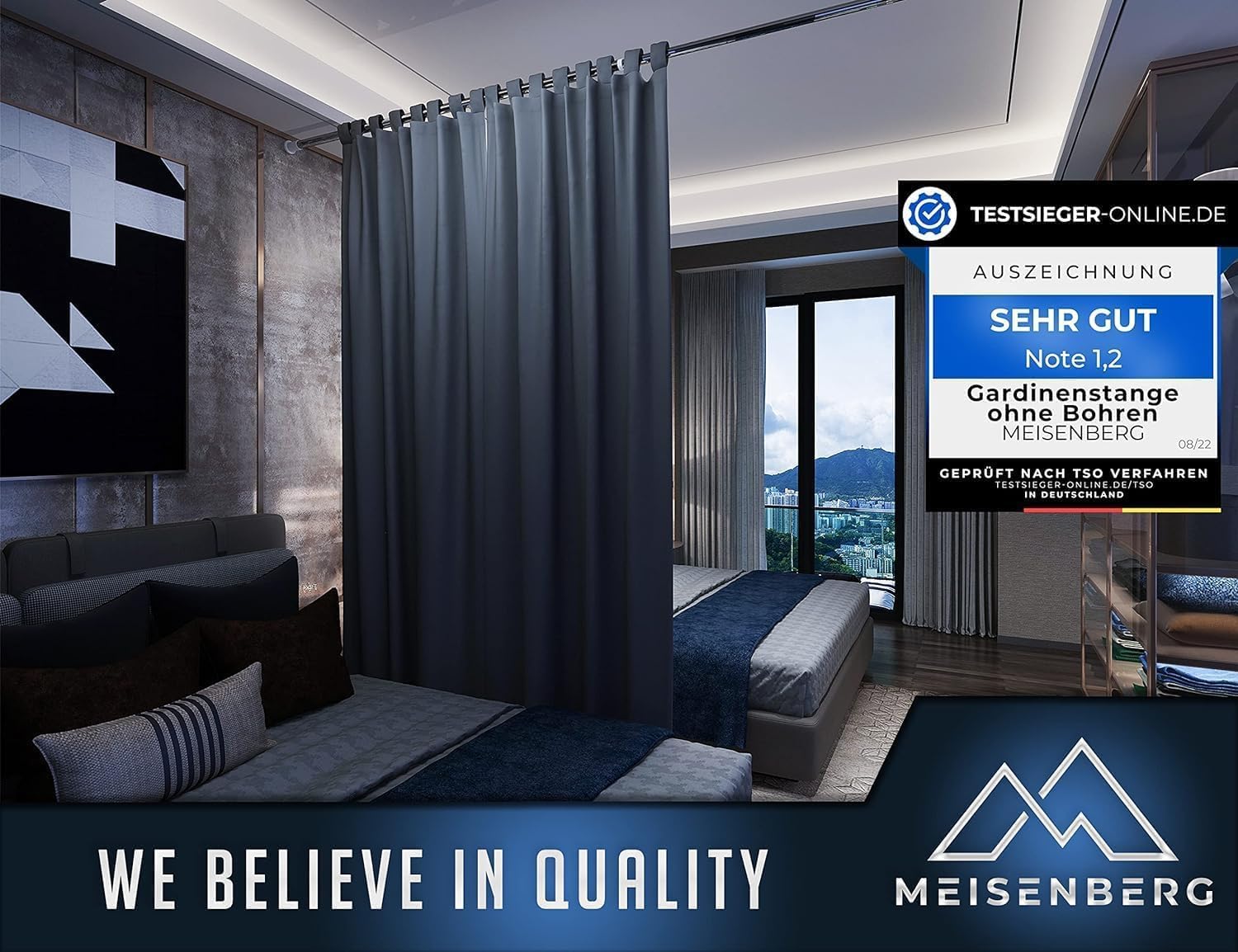 Thumbnail 6 de MEISENBERG Edelstahl Gardinenstange ohne Bohren 360–410 cm (Ø 32 mm) zum Einklemmen – ausziehbar und flexibel