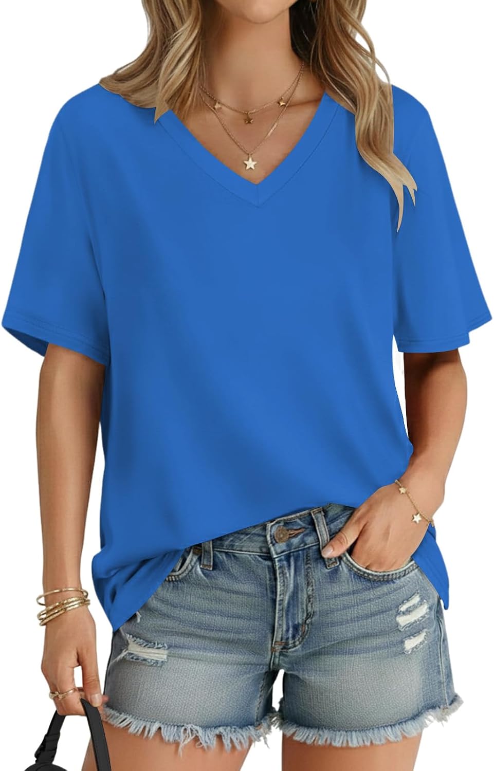 Detalle de Cuptacc Tee Shirt Femme Col V Manches Courtes Ample Léger – Décontracté et Polyvalent