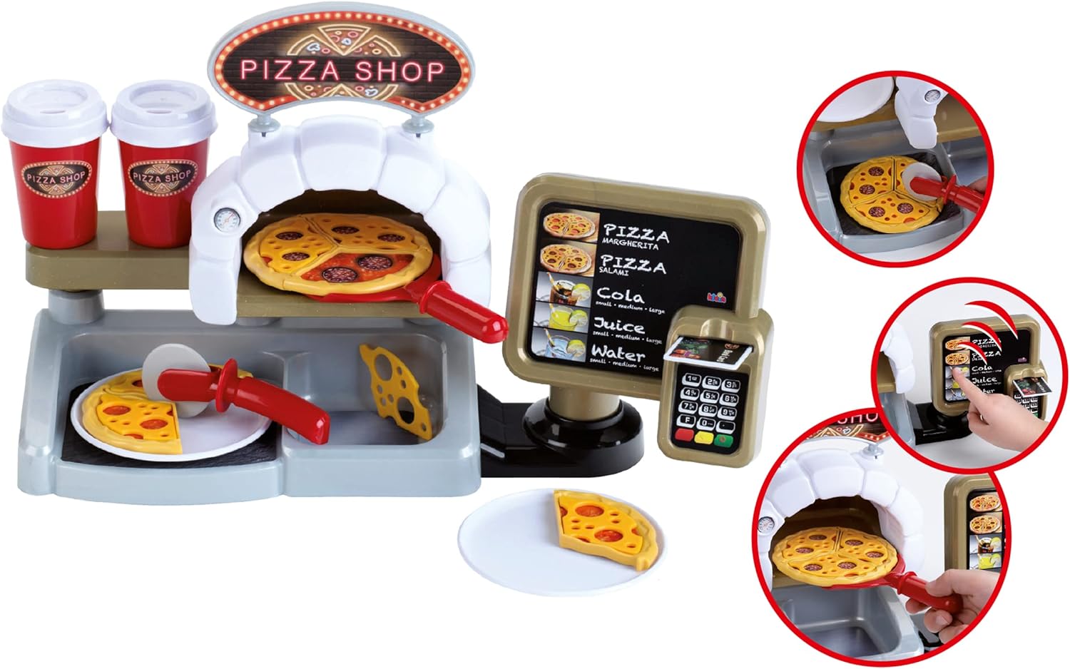 Detalle 2 de Theo Klein Pizza Shop 7309 : terminal de paiement sonore et accessoires pour jouer à la pizzéria