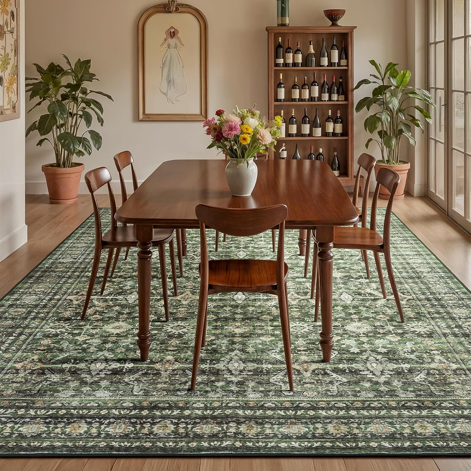 Detalle de Lofus 8x10 Area Rug (Green) — Washable Boho Faux Wool Rug With Non-Slip TPR Backing
