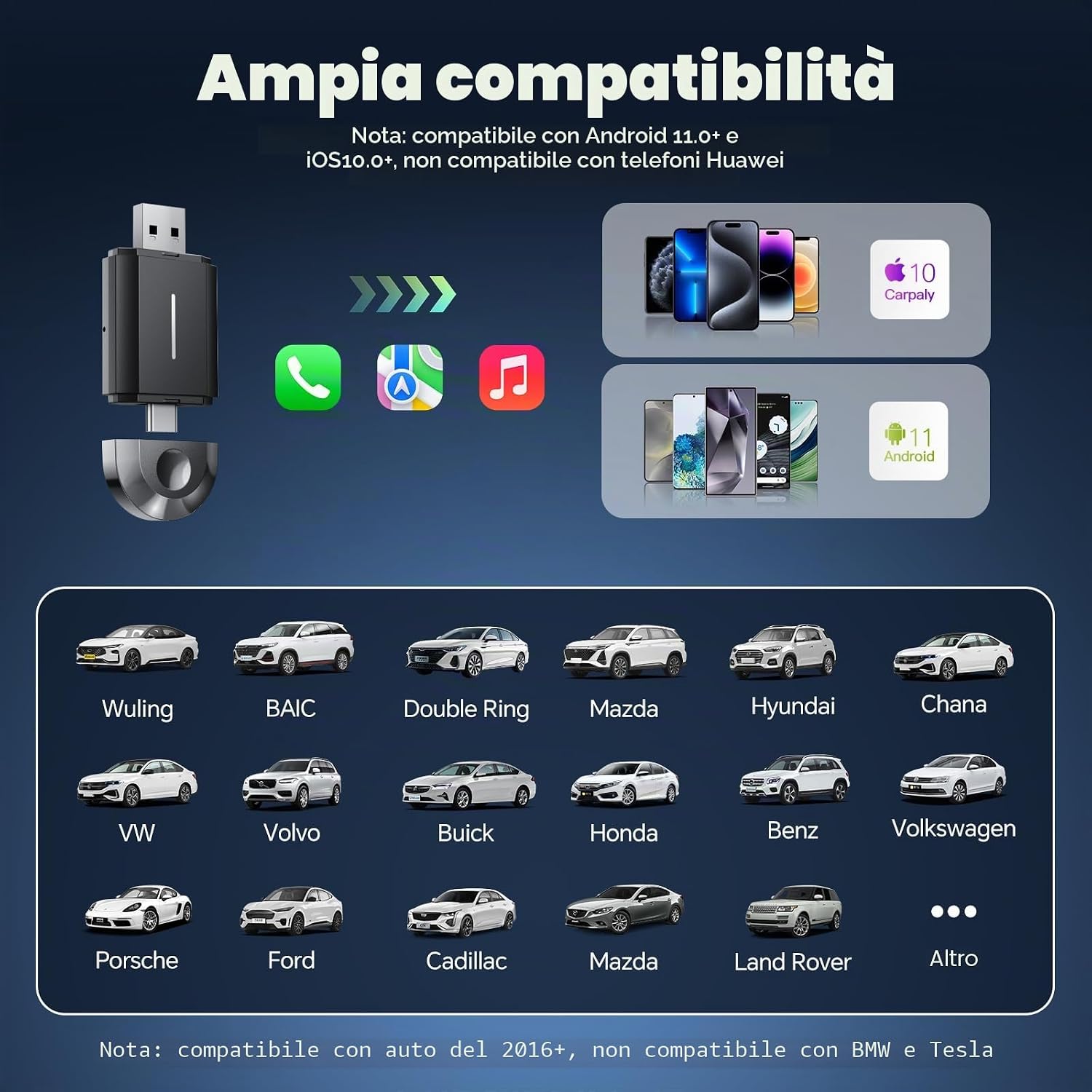 Thumbnail 6 de LAMTTO 2 in 1 Adattatore CarPlay/Android Auto Wireless: Plug & Play, 5.3 Bluetooth e Wi‑Fi 5.8 GHz