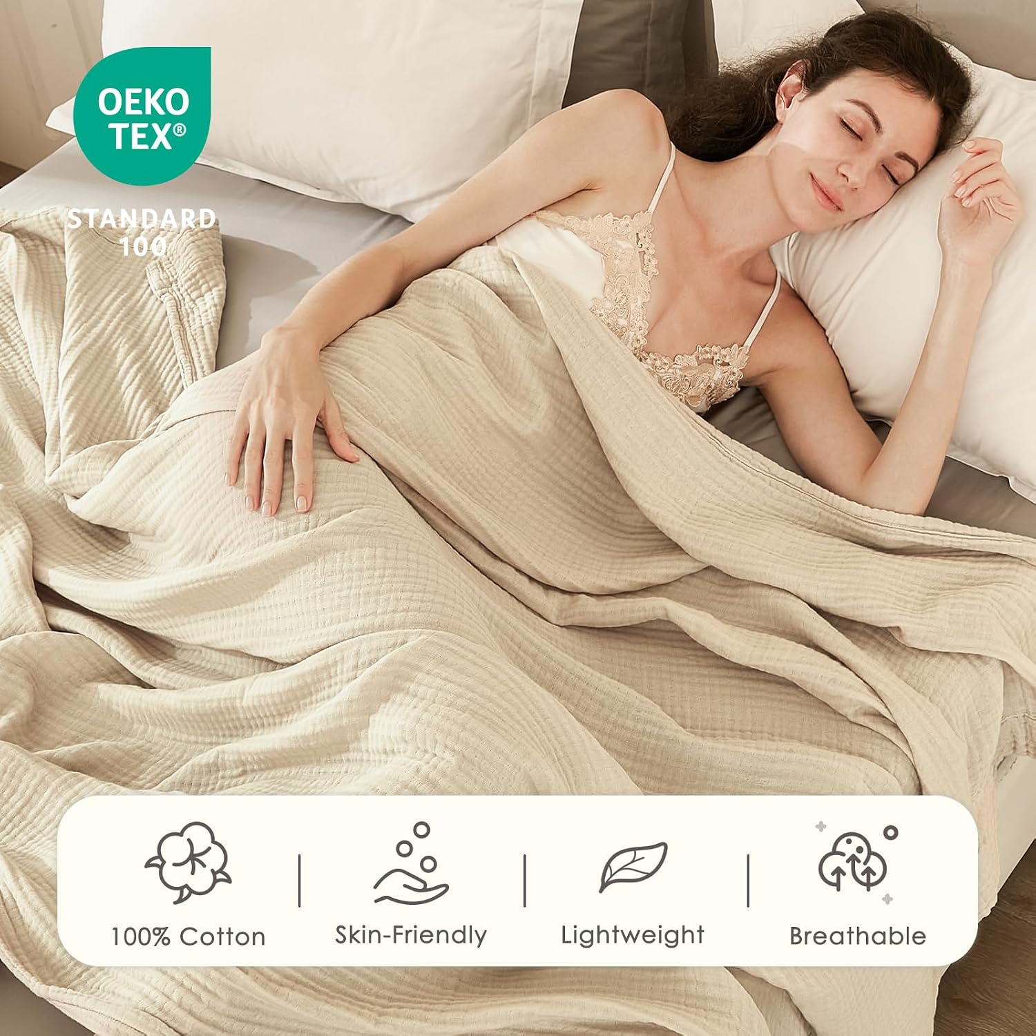 Detalle 2 de EMME Cotton Blanket Queen Size: Soft Muslin, Breathable All-Season Bedspread 90x90 (Beige)