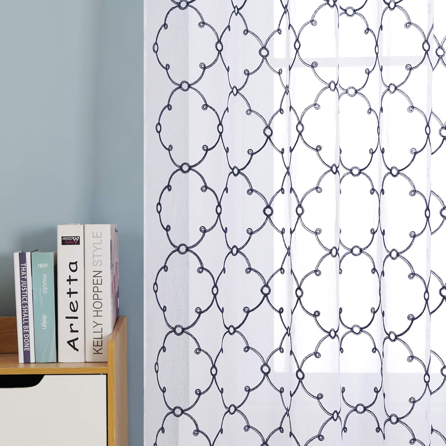 Thumbnail 2 de Deconovo navy blue eyelet faux linen voile curtains with diamond embroidery (55 x 69 drop, 1 pair)