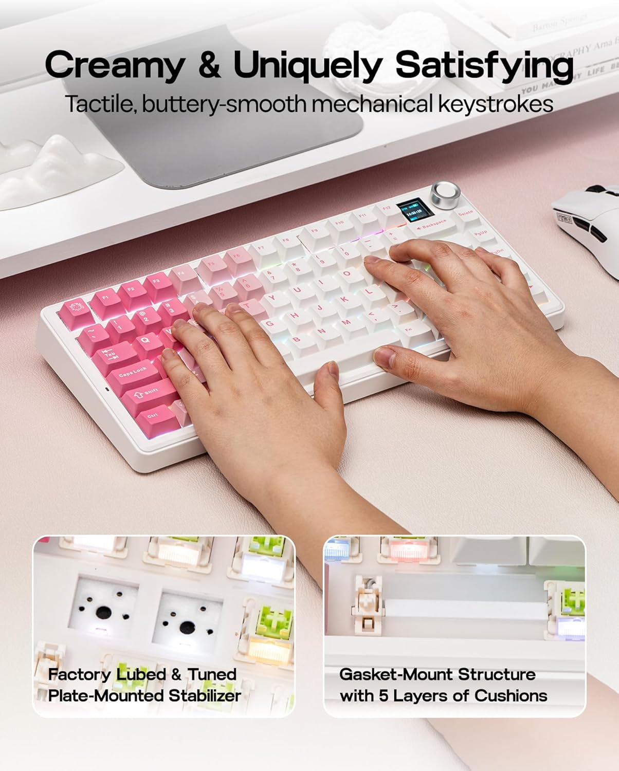 Detalle 2 de EPOMAKER X Aula F75 MAX mechanische Gaming-Tastatur (75 %), TFT-Display, Drehregler & Hot-Swap – QWERTY US (Weiß/Rosa)