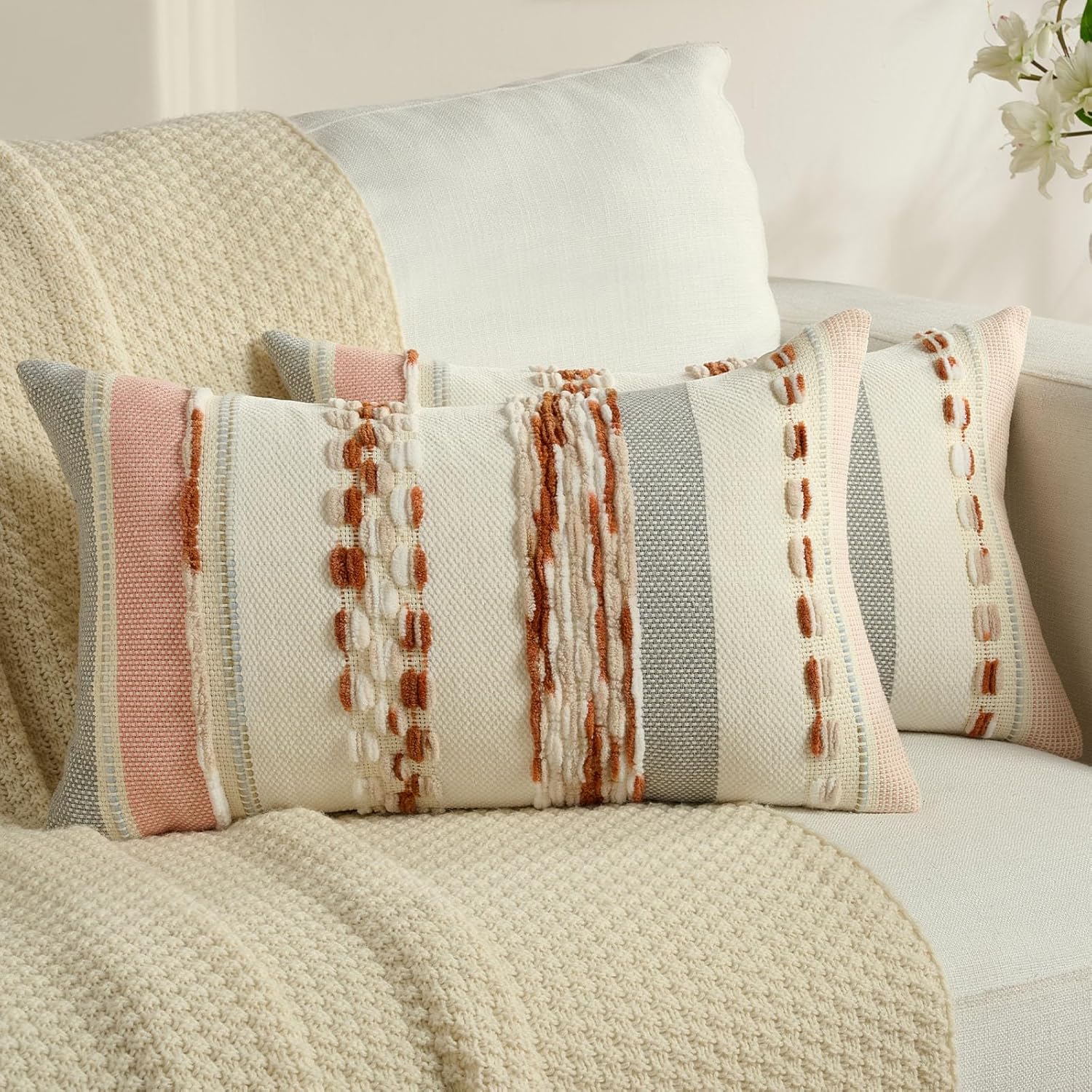 Detalle de Ystyle Lot de 2 Housses de Coussin Boho 30x50 – rayures texturées, daim chenille, lot 2