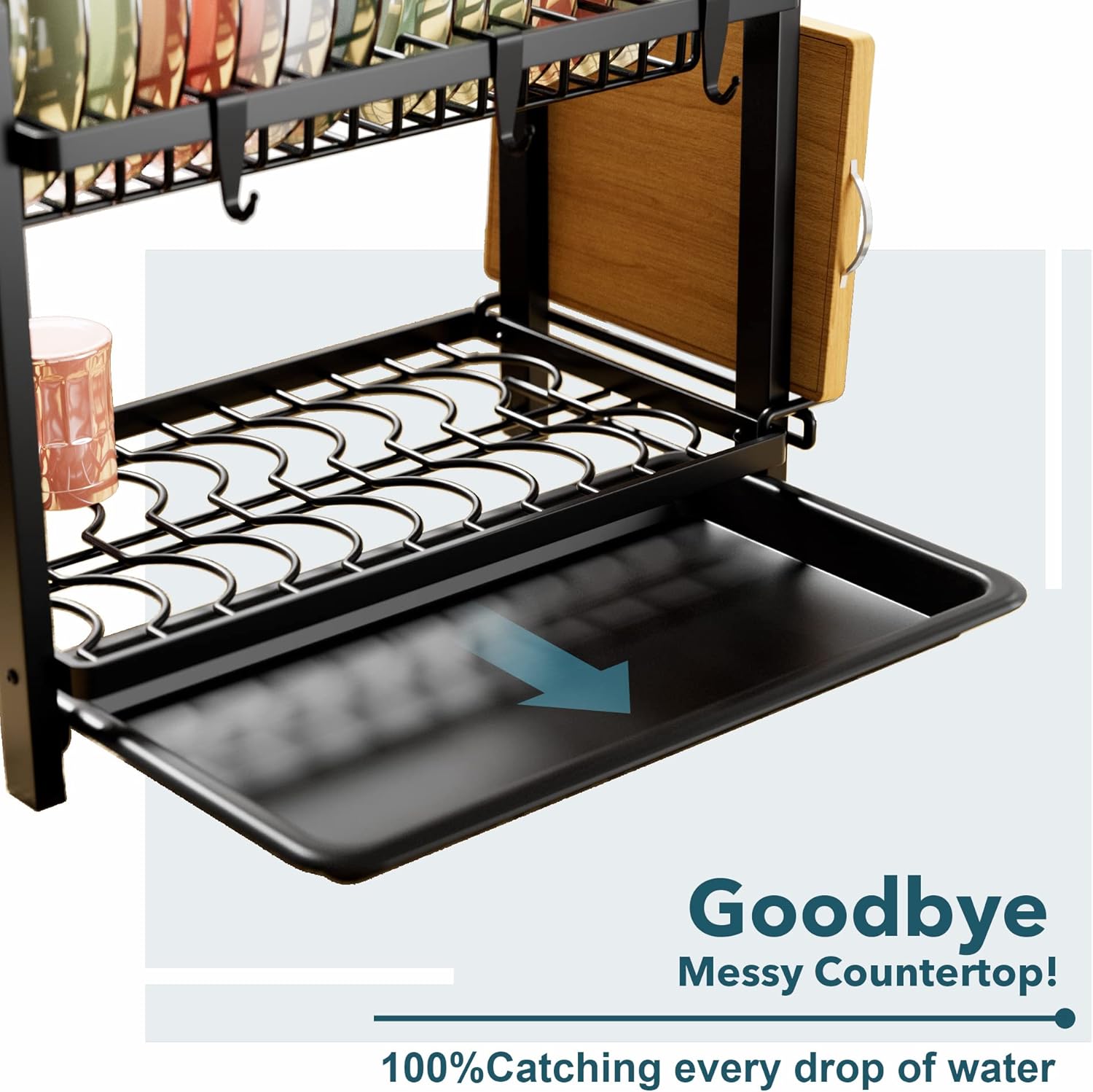 Thumbnail 3 de Black 2-Tier Dish Drainer with Utensil Holder and Drip Tray (43.5 x 24.5 x 34.5)