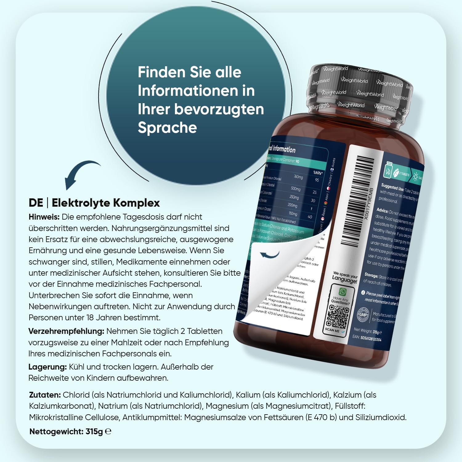 Detalle de WeightWorld Elektrolyte Tabletten mit Magnesium, Kalzium, Kalium & Natrium – 180 vegane Tabletten