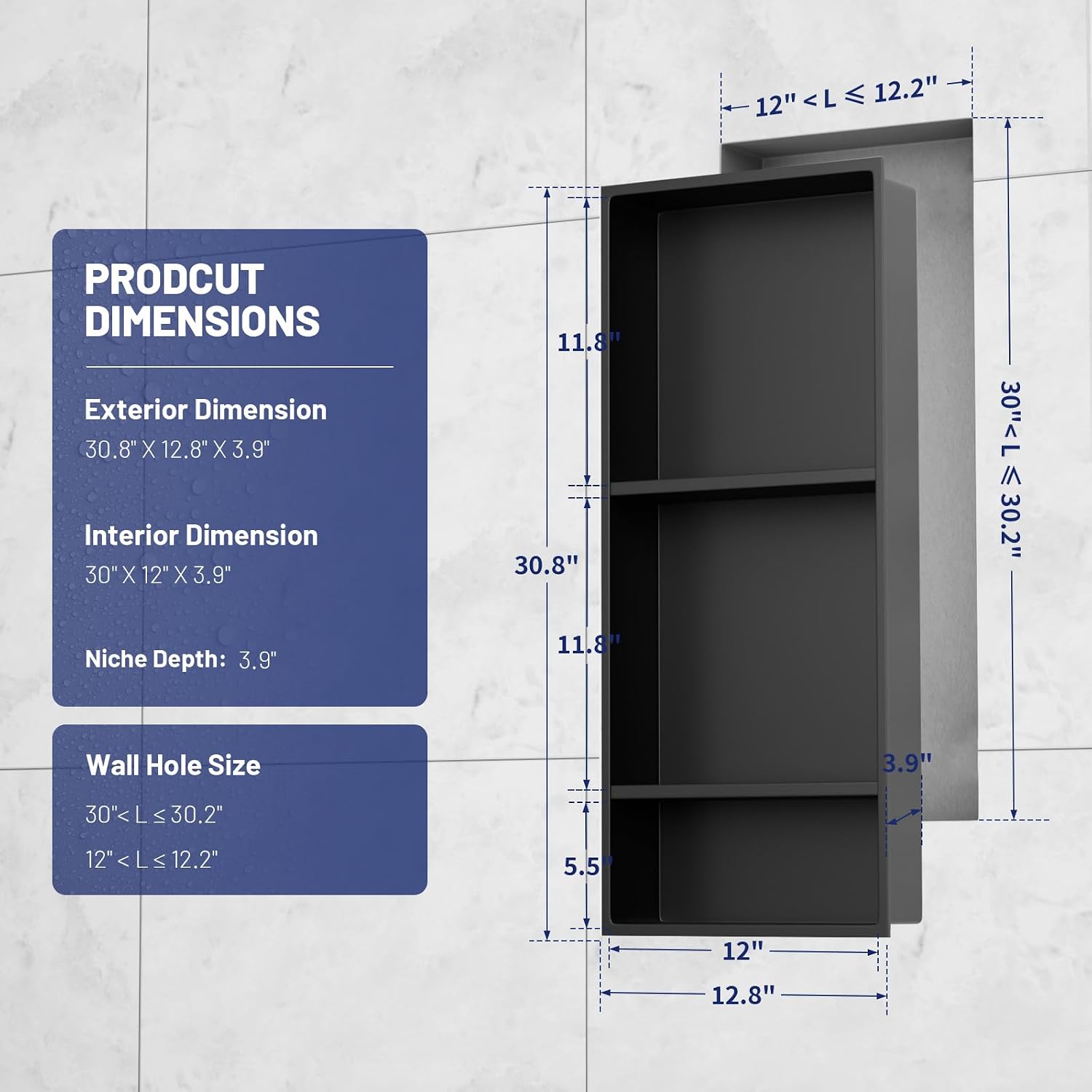Detalle de BWE 1126-N Stainless Steel Shower Niche, 3-Tier, Brushed Nickel
