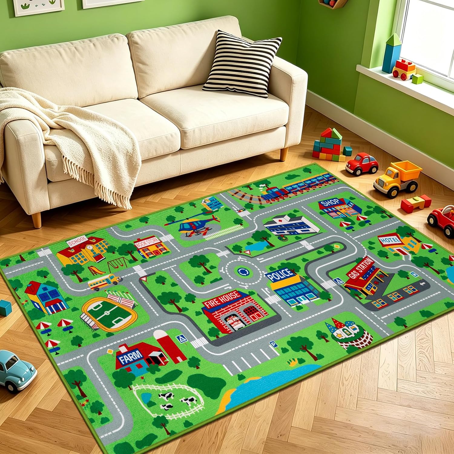Detalle de Capslpad Car Mat for Children 80x150 cm – City Town Roads Interactive Play Rug
