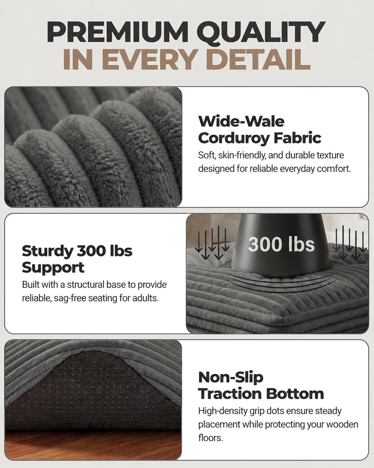 Thumbnail 4 de Fabulcozy 23.6in Corduroy Pouf Ottoman — Dual-Layer Comfort, No Assembly