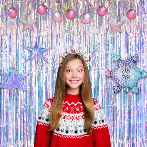 Detalle de GREATRIL Iridescent Party Streamers Backdrop, 2-Pack (3.2ft x 6.5ft) – Transparent Holographic Fringe Curtain
