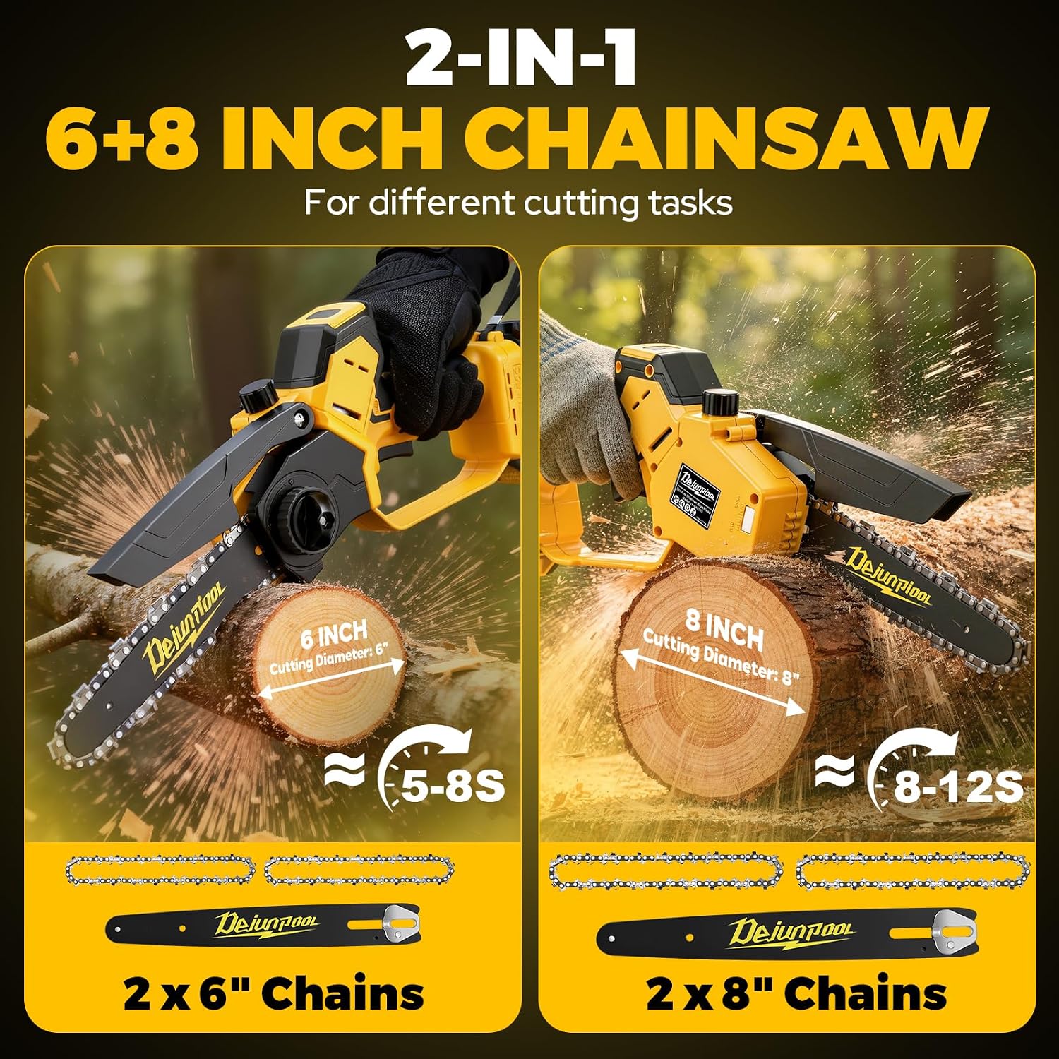 Detalle de DEJUNPIOOL JY-CH0701 Cordless Mini Chainsaw, 6- and 8-Inch, Brushless