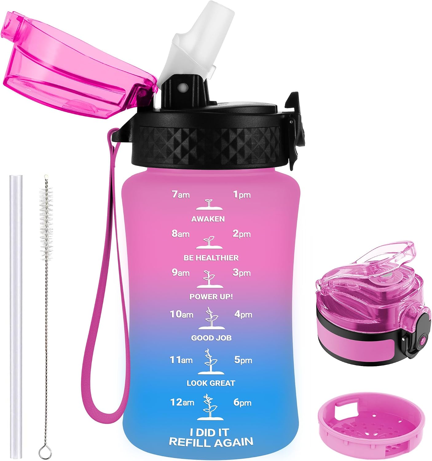 Detalle de GOPPUS 350ml/12oz Kids Straw Water Bottle with Flip Top Lid, Strap & Time Marking (BPA-free, Rose Blue)