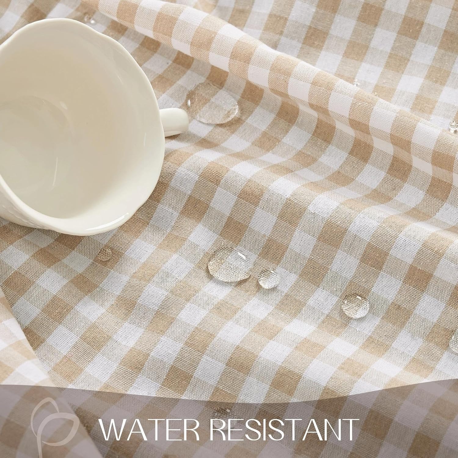 Detalle de Romanstile Gingham Ruffled Tablecloth Rectangle - Waterproof Linen Cotton Checkered Outdoor Table Cover (60 x 120 inches, Taupe)