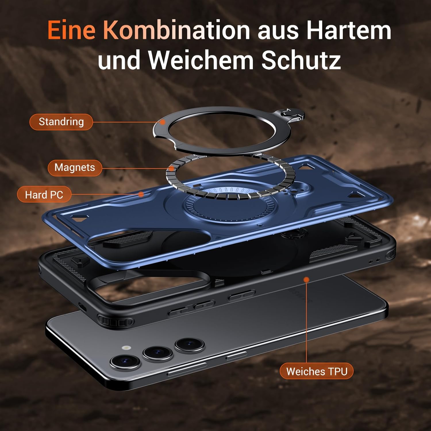 Thumbnail 3 de WYUIC Hülle für Samsung Galaxy S24 FE mit drehbarem 360°-Ringständer – stoßfest & kratzfest, blau