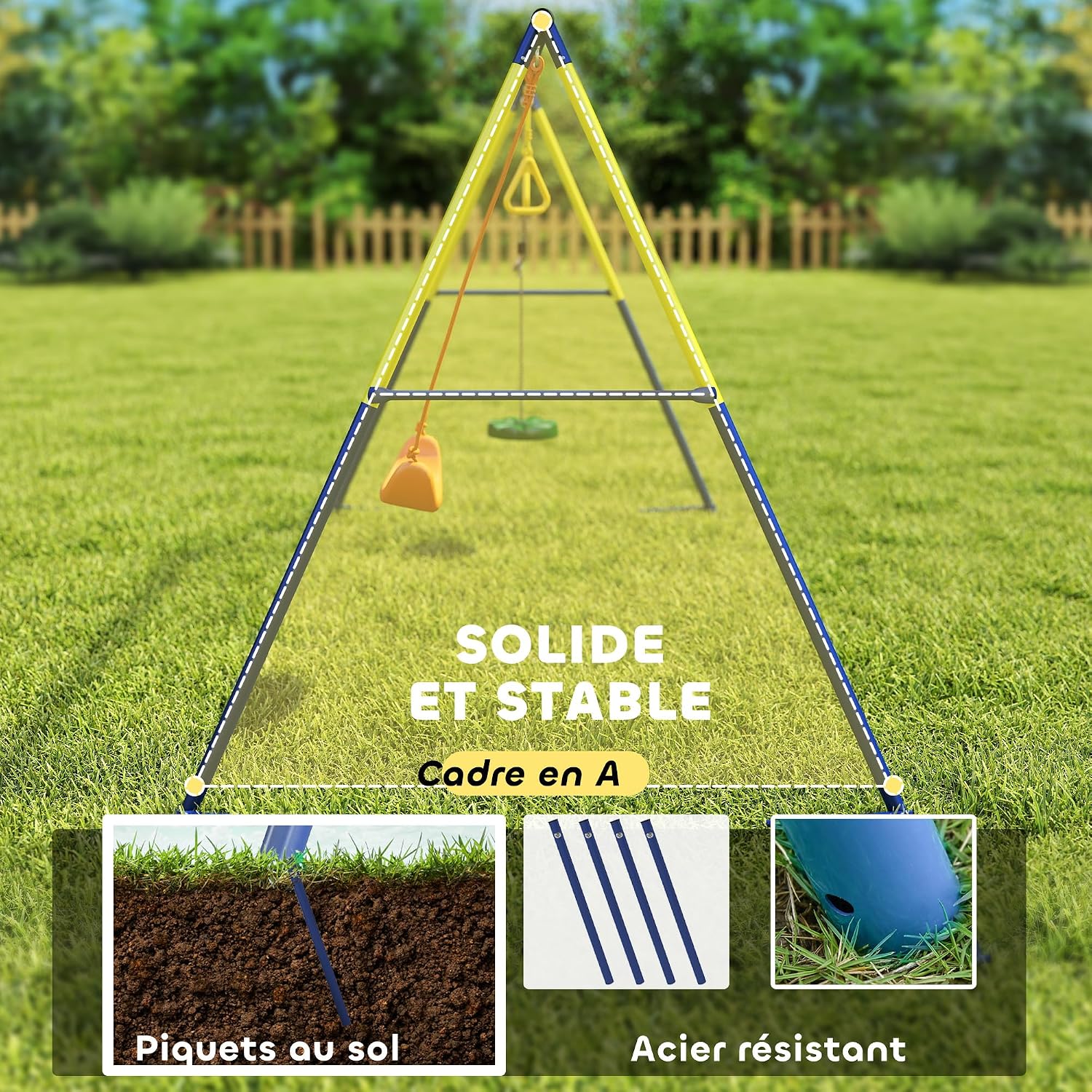 Detalle 2 de AIYAPLAY Portique Balançoire Extérieure 3-en-1 pour Enfants (3–8 ans) – Siège, Anneaux et Balançoire à Disque
