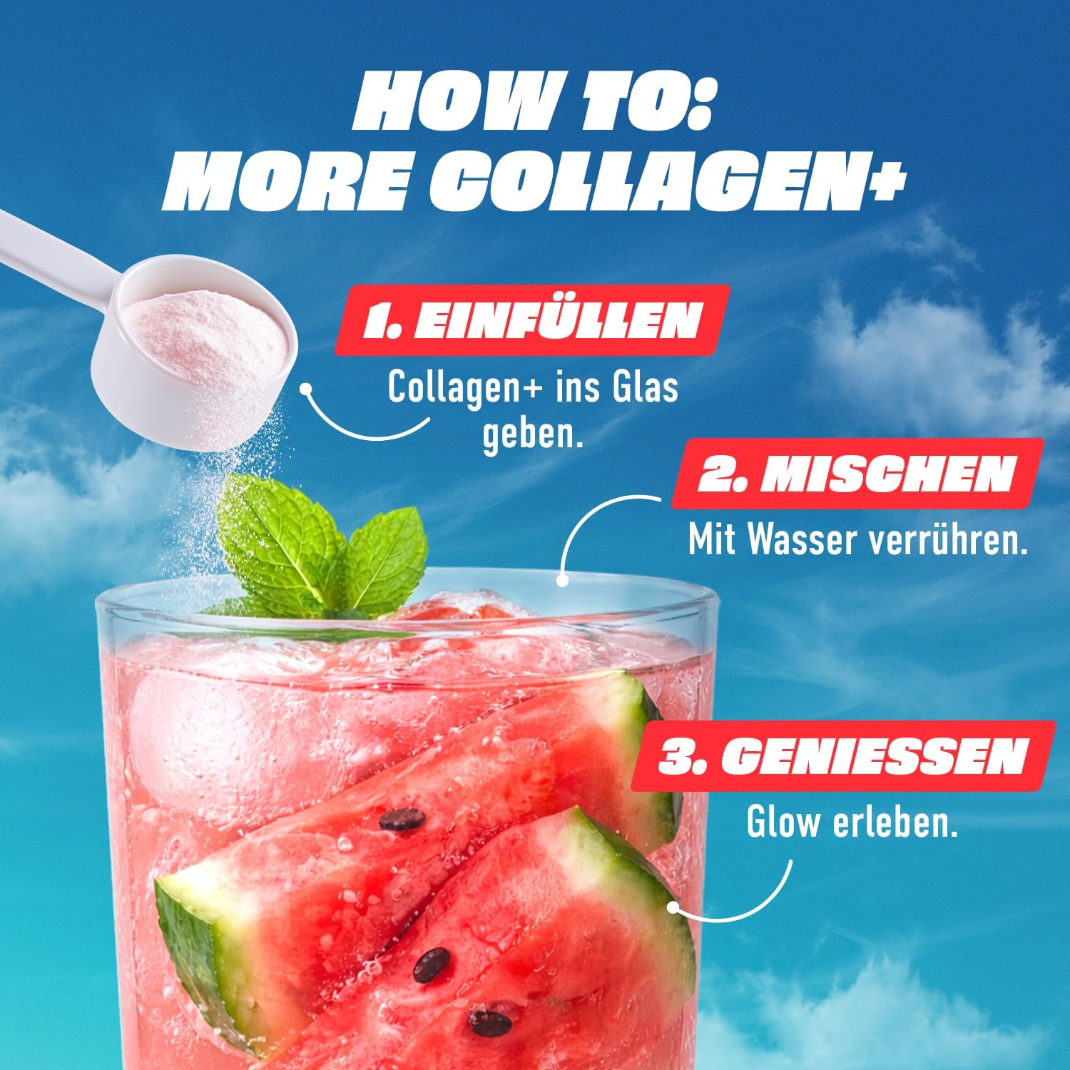Thumbnail 5 de MORE Collagen+ Box (7 x 15 g) Watermelon Mint – Kollagenhydrolysat mit Hyaluron, Glycin, Vitaminen und Mineralstoffen