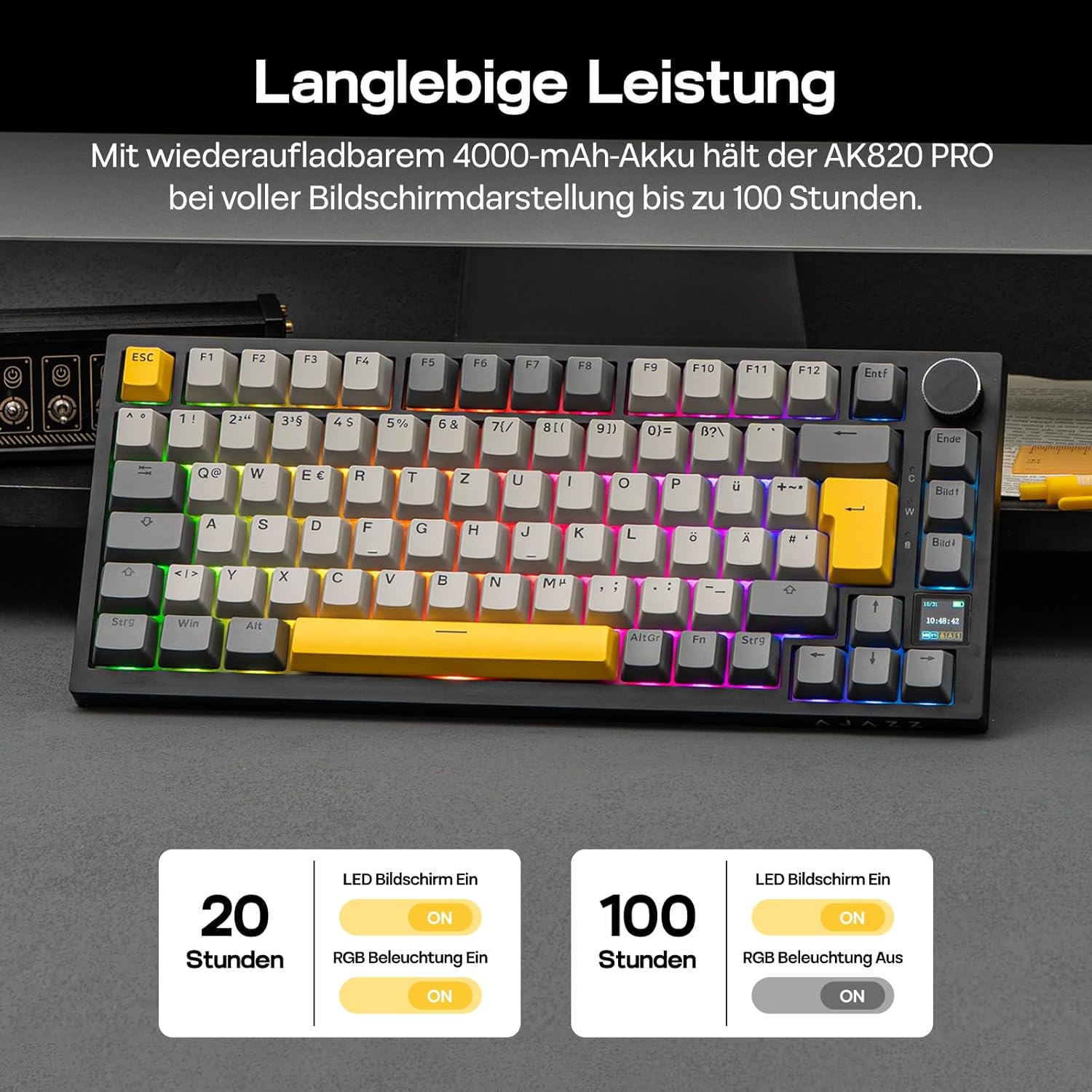 Thumbnail 3 de EPOMAKER Ajazz AK820 Pro ISO-DE: 75% Gaming-Tastatur mit TFT-Display, QWERTZ und Qamistik (BT/2,4 GHz/Kabel)