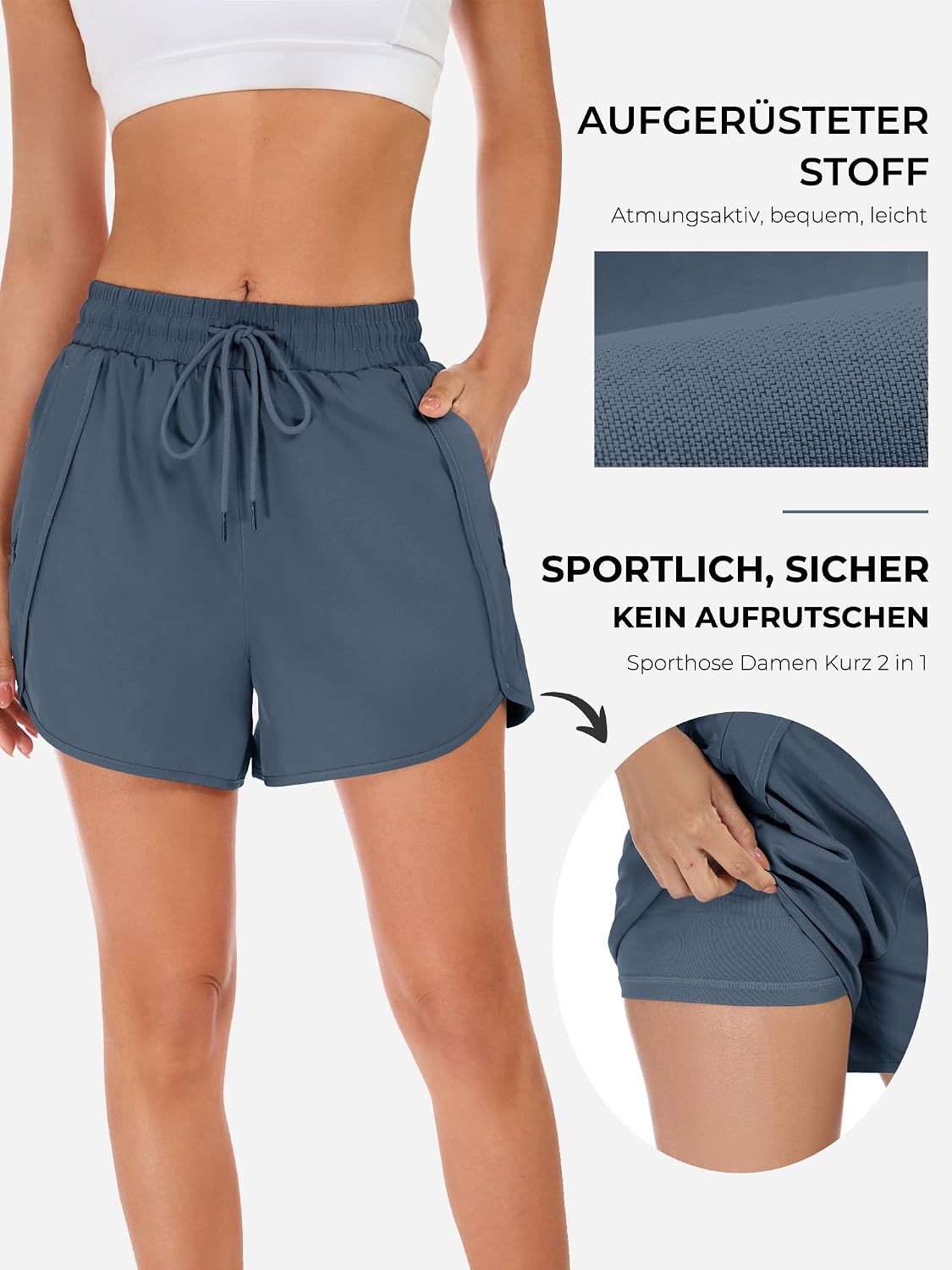 Detalle de StylSense Damen-Sporthose Kurz High Waist 2-in-1 Schnelltrocknend – mit Reißverschlusstaschen