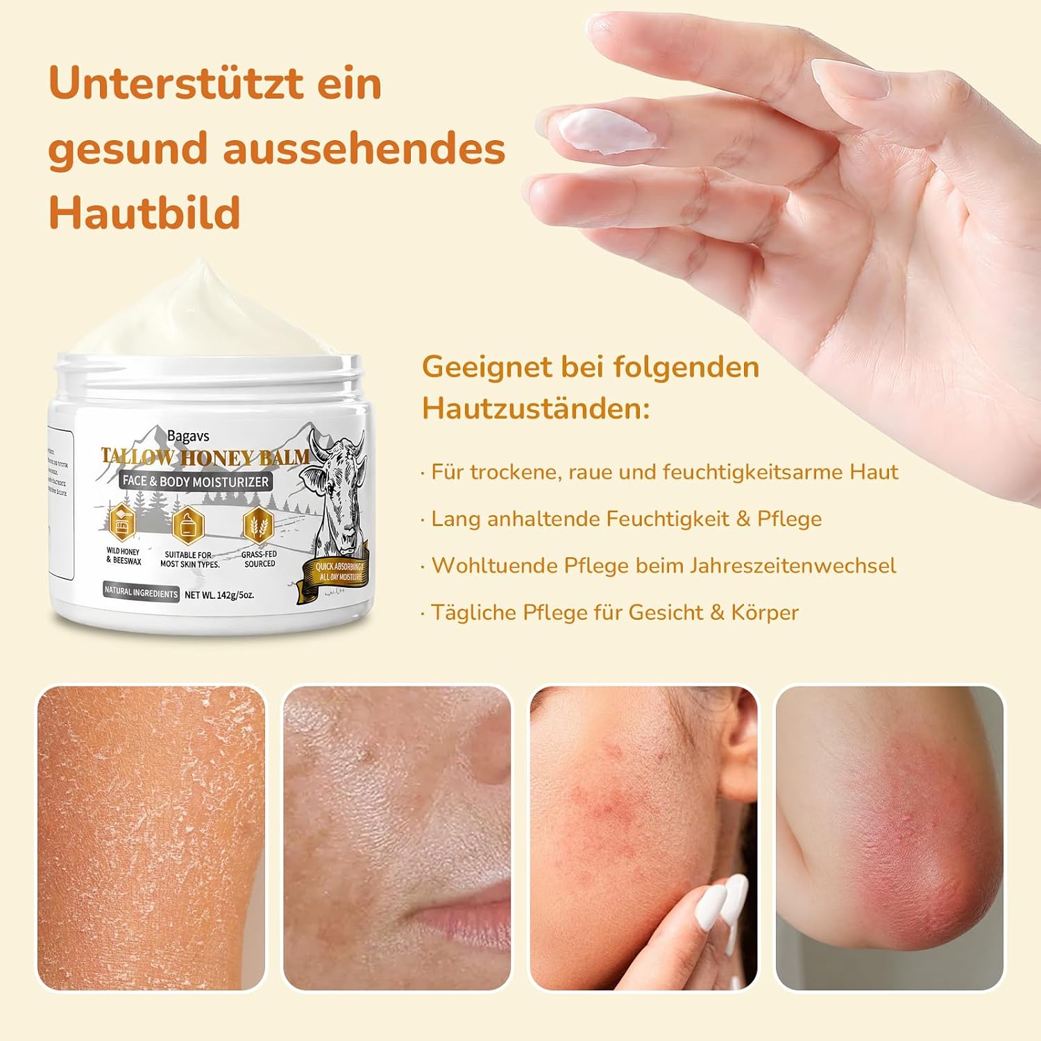 Detalle de Bagavs Tallow Creme mit Honig – Reichhaltige Feuchtigkeit für Gesicht & Körper (142 g)