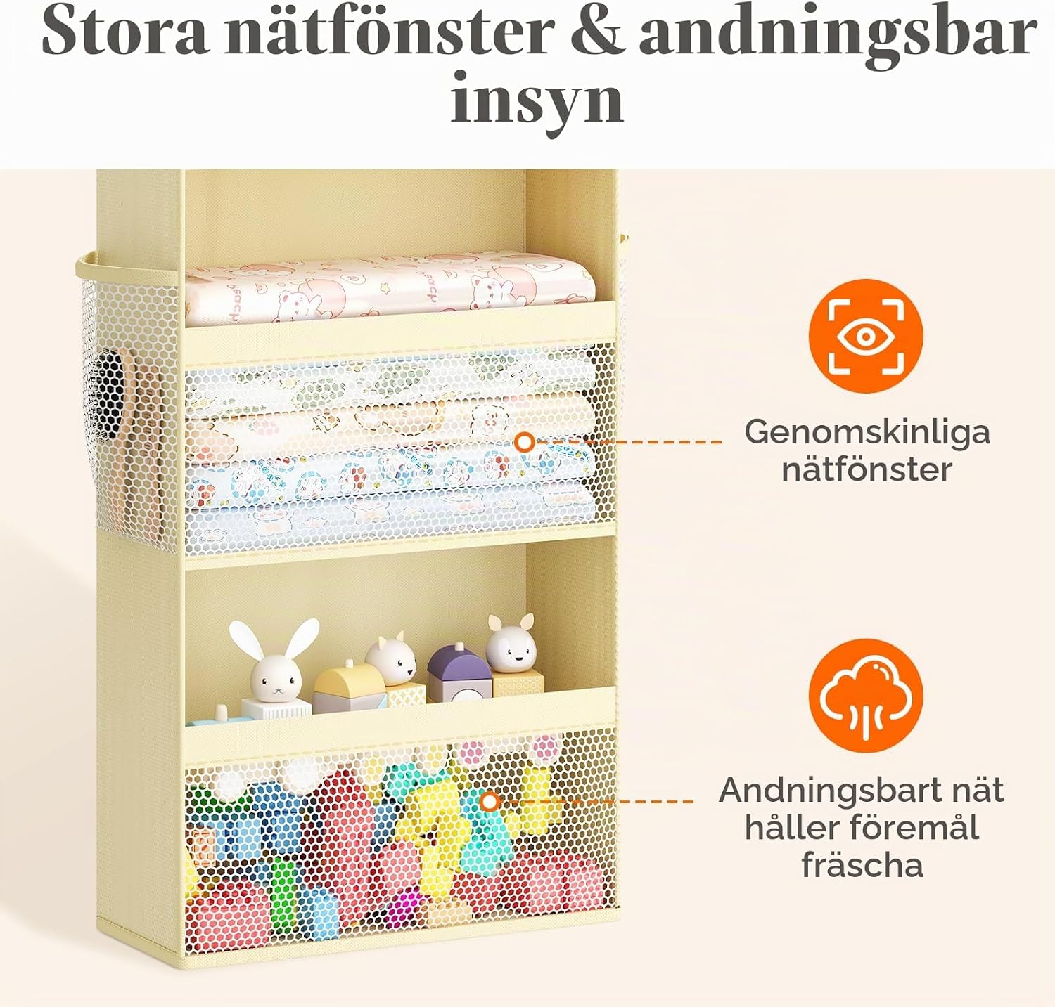 Detalle de Lifewit 25122 hängande blöjförvaring, 5 nivåer och 4 sidofickor