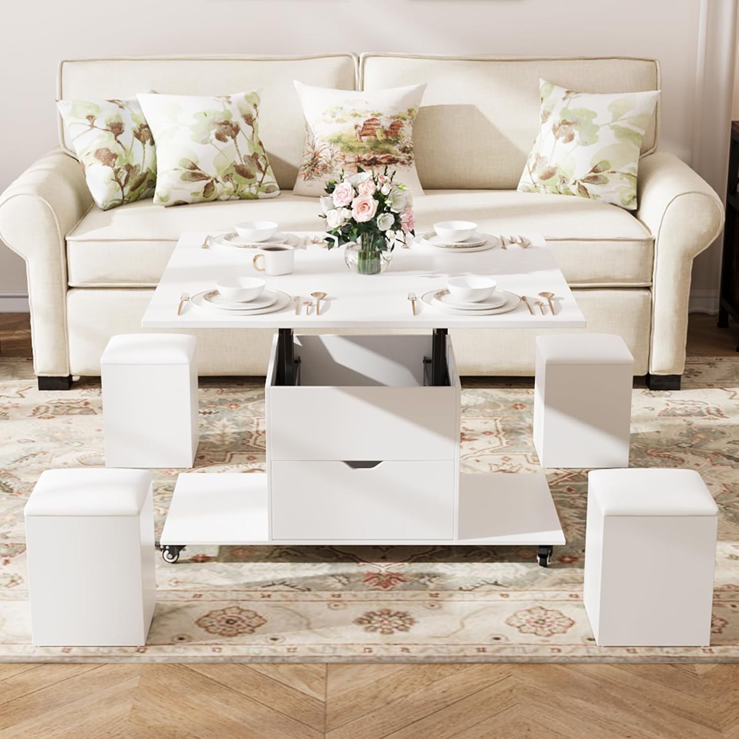 Detalle de VOWNER Table Basse Relevable 3 en 1 avec tiroir et 4 tabourets (blanc) — transformable en table à manger