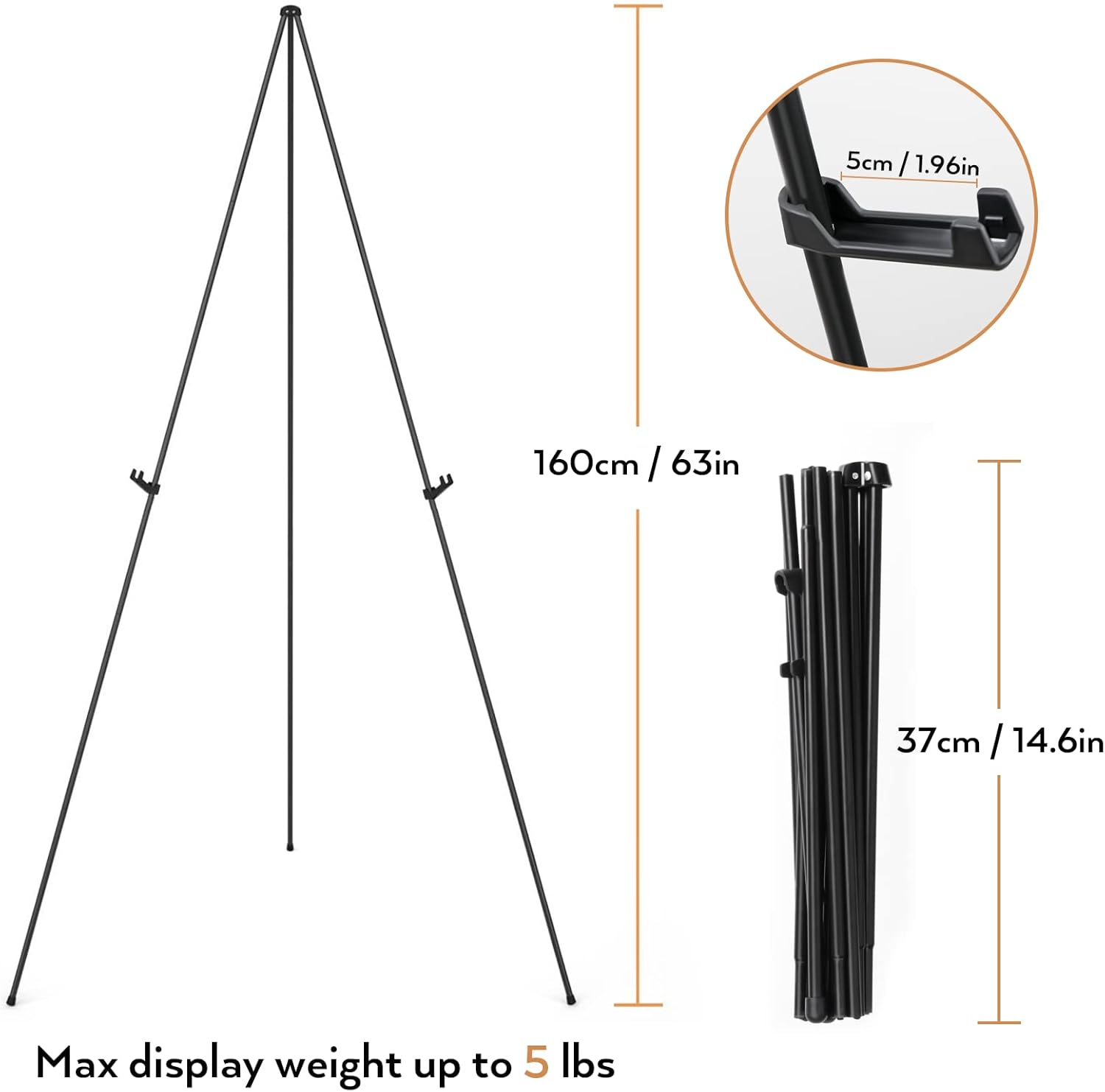 Detalle de Nicpro Folding Easel for Display, 63-Inch Metal Floor Easel Stand – Portable Black Tripod with Carry Bag