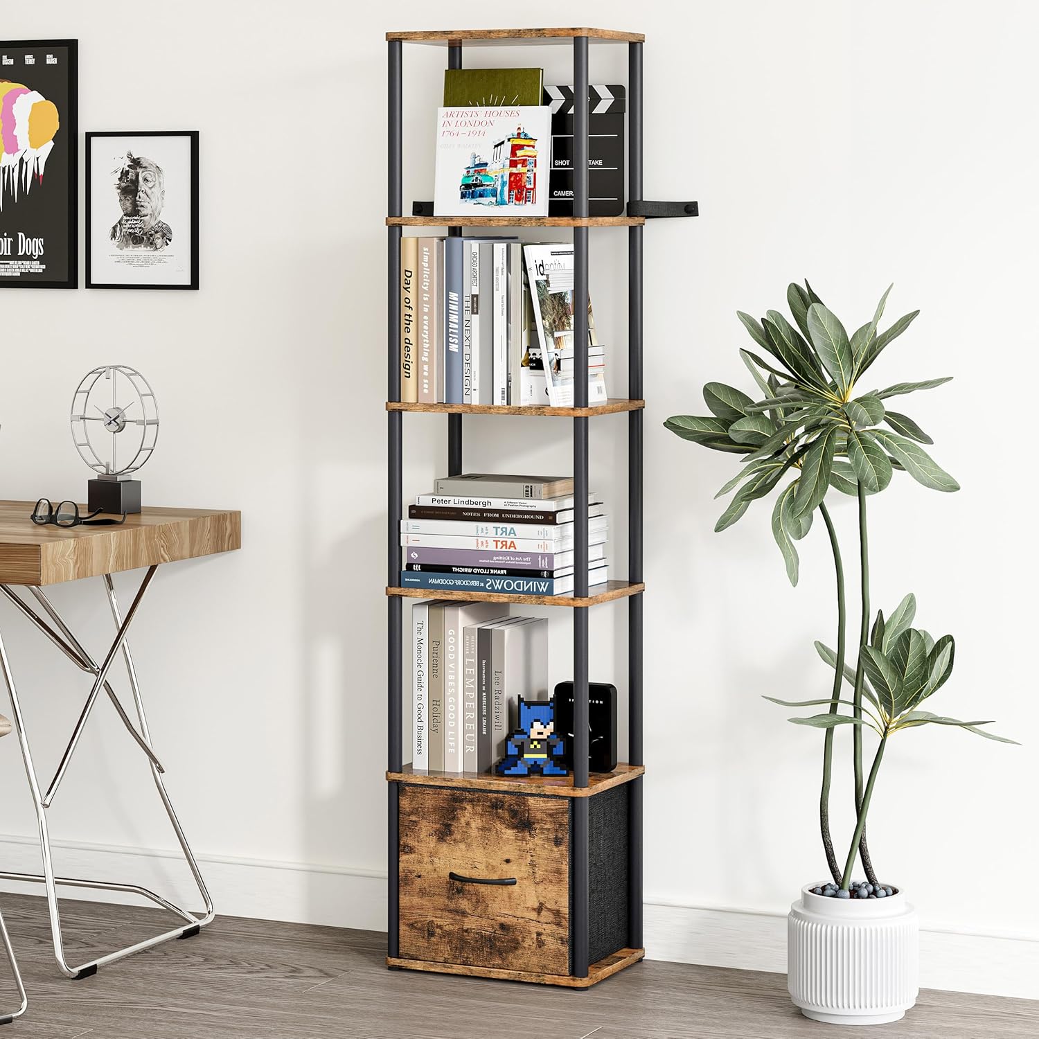 Detalle de YAUKTAK Libreria Angolare a 6 Ripiani con Cassetto – Marrone Rustico (HBC505R)