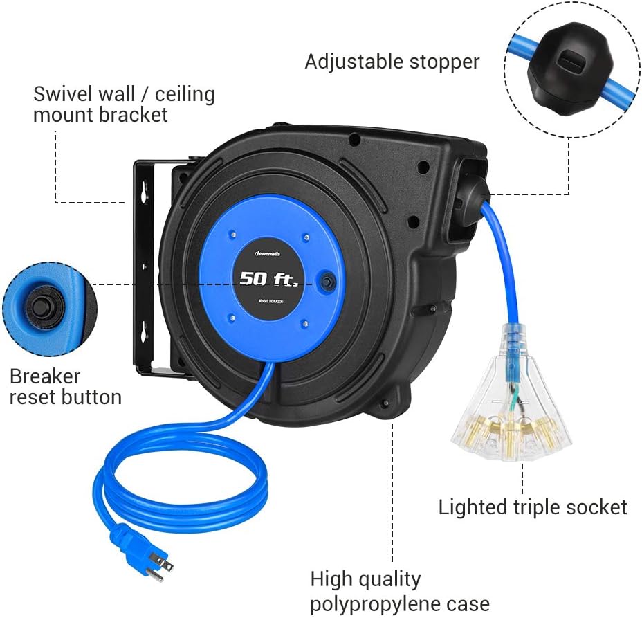 Detalle de DEWENWILS DL-610 50-Foot Retractable Cord Reel with 3 Outlets