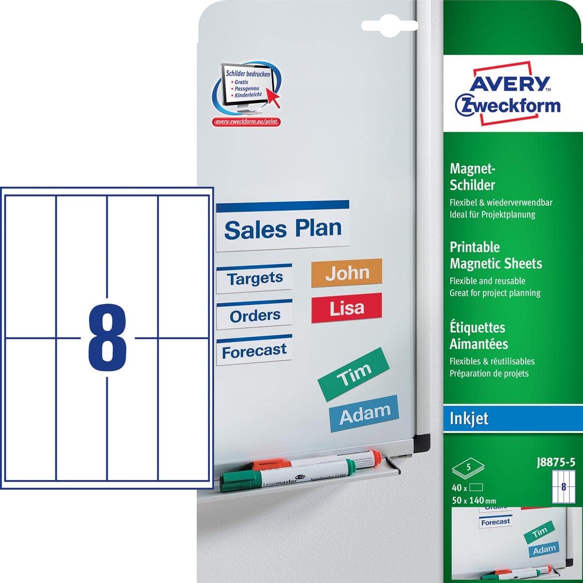 Thumbnail 1 de AVERY Zweckform J8875-5 Magnet-Schilder – 40 wiederverwendbare 50x140 mm, bedruckbar (5 Blatt)