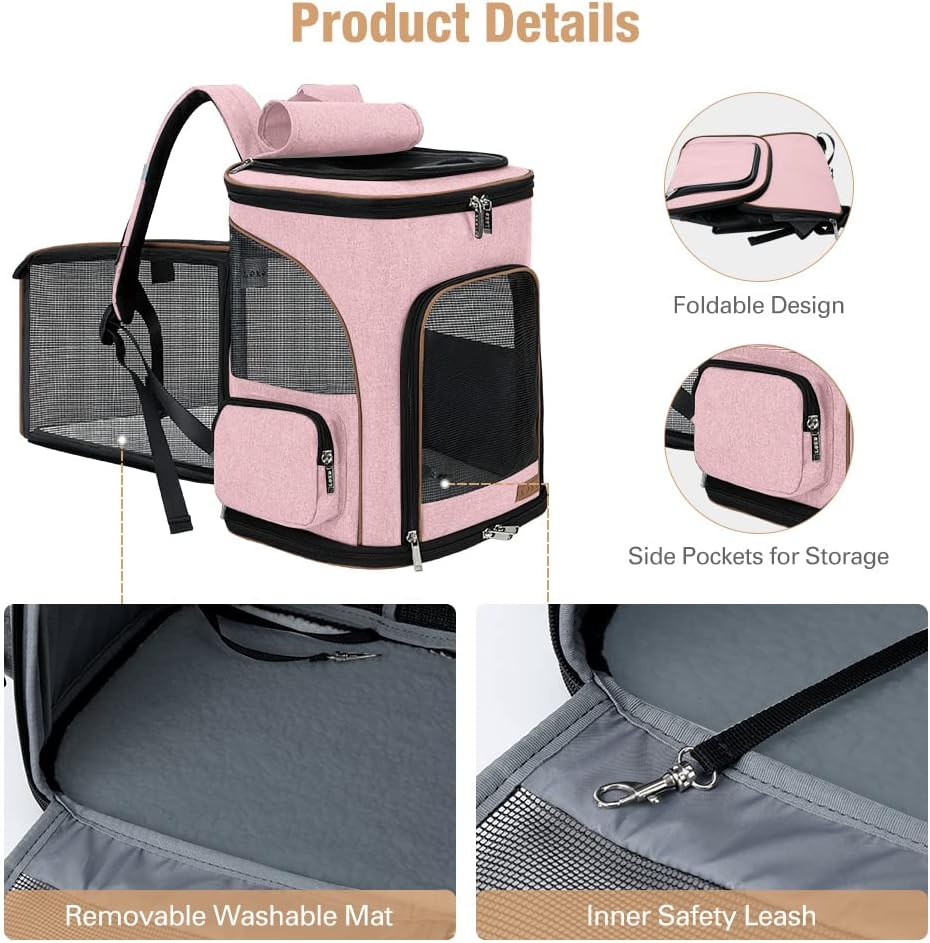 Thumbnail 2 de Lekesky Expandable Cat Carrier Backpack – Pink (Fits Small to Medium Pets, 20 lbs)