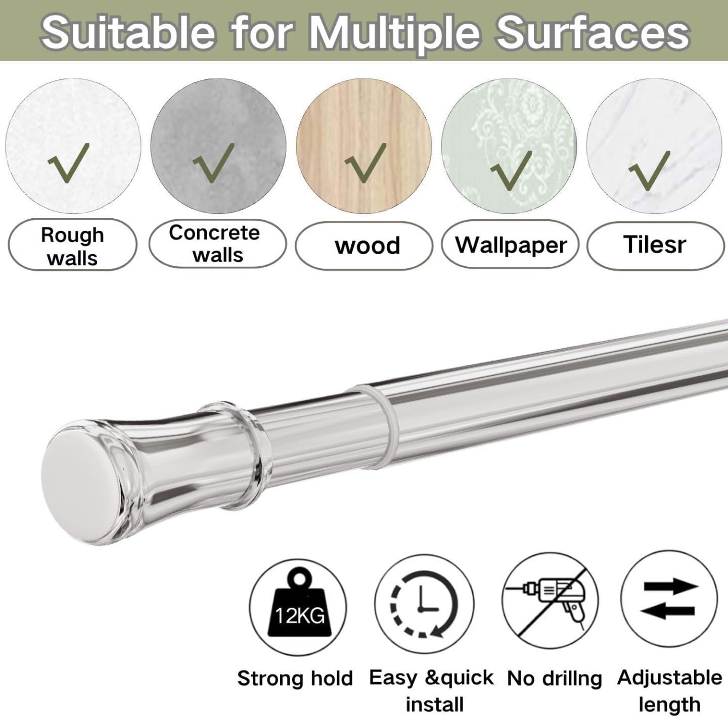 Thumbnail 2 de Shower Curtain Rail Extendable Curtain Pole: Anti-Slip, Tool-Free Installation