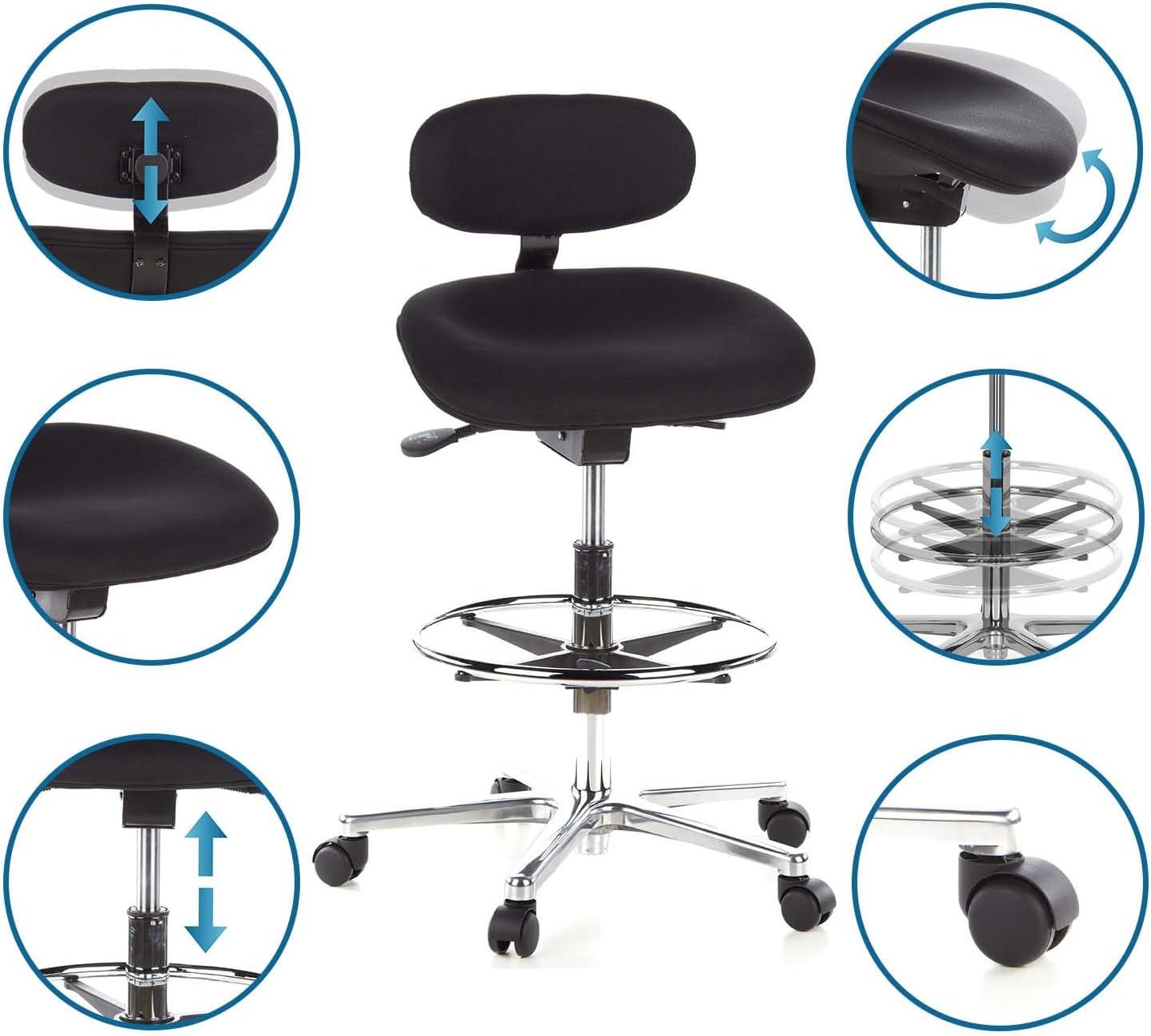 Detalle 2 de HJH Office 608300 Sedia da Ufficio alta WORK MF Tessuto – sgabello girevole con poggiapiedi
