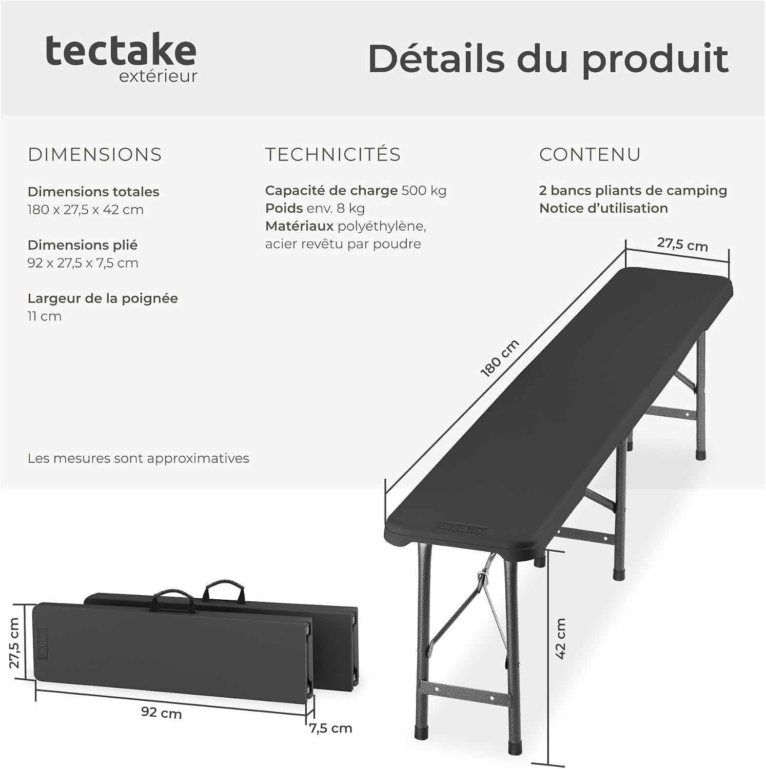Thumbnail 2 de tectake Panja fällbänkar, 2-pack med 180 cm sits och stålram