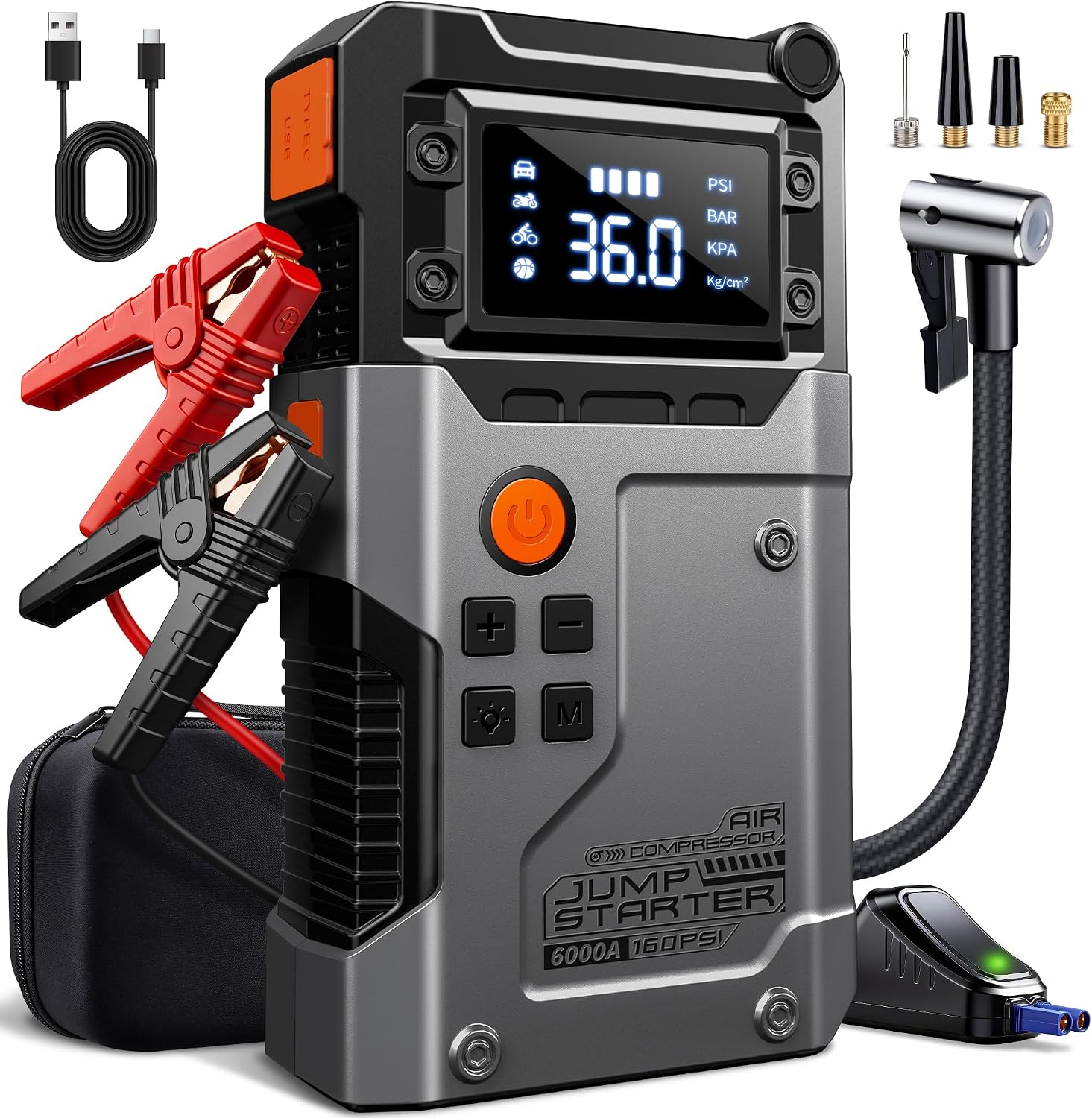Detalle de Avviatore Batteria Auto 6000A con Compressore 160 PSI – Booster Portatile per 12V (gas/diesel) con LCD e USB