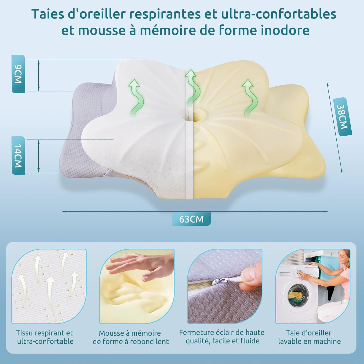 Thumbnail 3 de DONAMA Oreiller Ergonomique Cervical en Mousse à Mémoire CertiPUR-US – 9 et 14 cm, avec Taie d’oreiller respirante