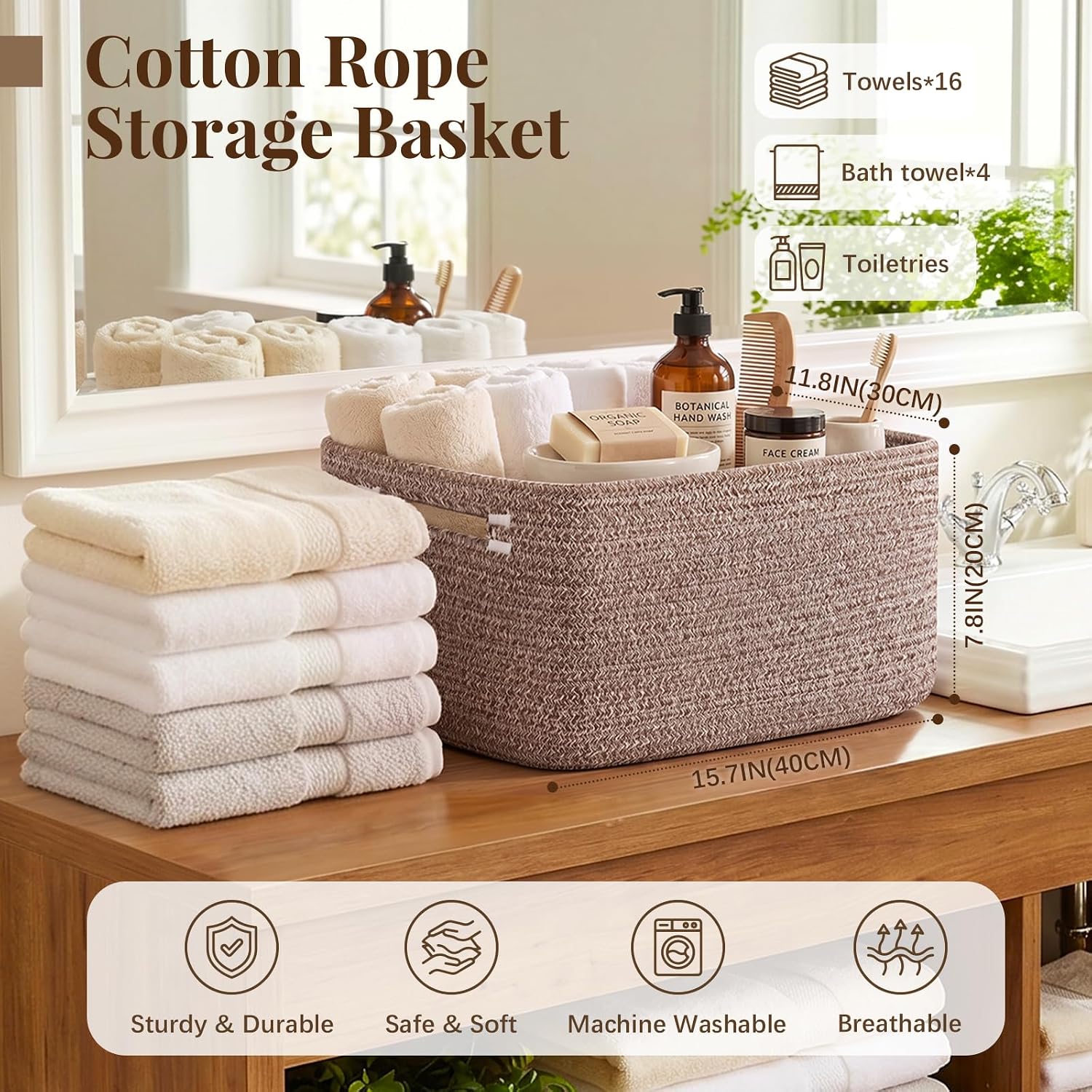 Detalle de OIASKET SLB-C-C-05 Cotton Rope Storage Baskets, 4-Pack, Linen Brown