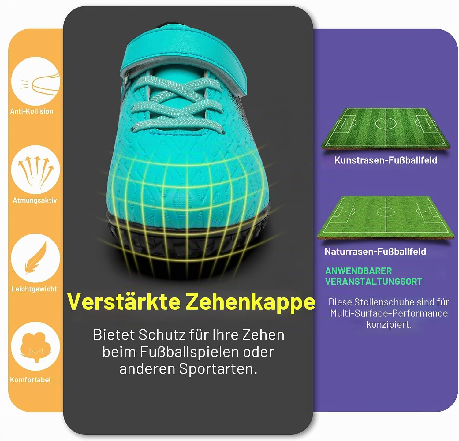 Detalle de PiDaGlobal Kinder Fußballschuhe mit Klettverschluss und Multinocken für Kunstrasen