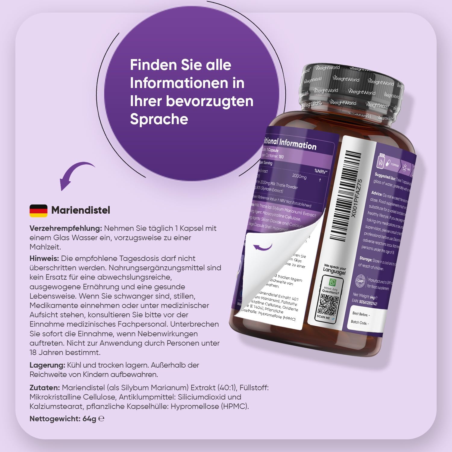 Detalle 2 de WeightWorld Mariendistel Kapseln 180 Stück