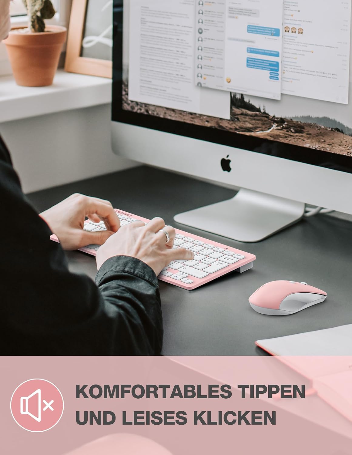 Detalle de TECKNET Kabelloses Tastatur- und Maus-Set Rosa – Deutsch QWERTZ, 2,4 GHz, 15 m Reichweite