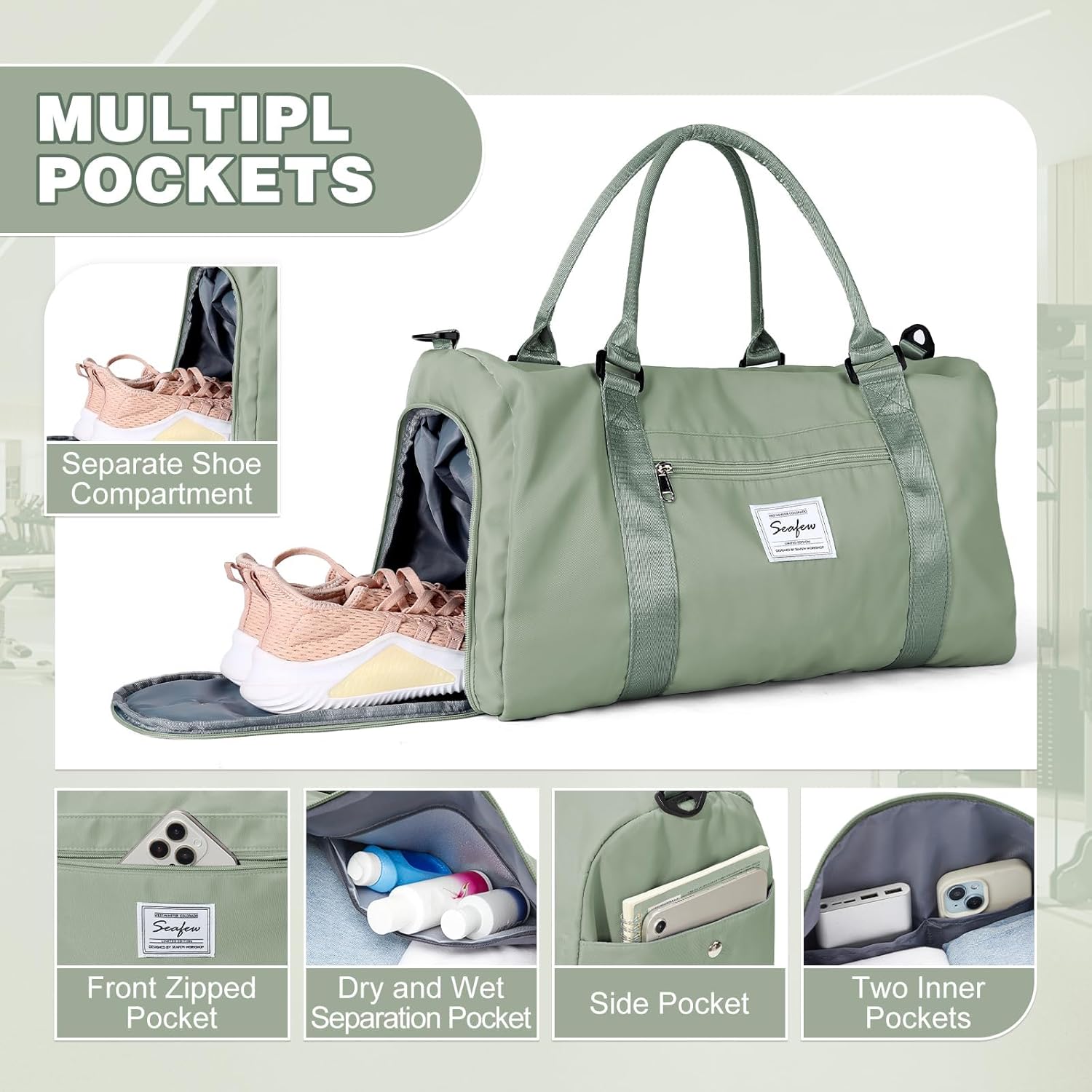 Thumbnail 3 de WEPLAN A9 Grey Green Gym & Travel Duffle Bag with Shoe Compartment, Wet Pocket and Wet/Dry Separation
