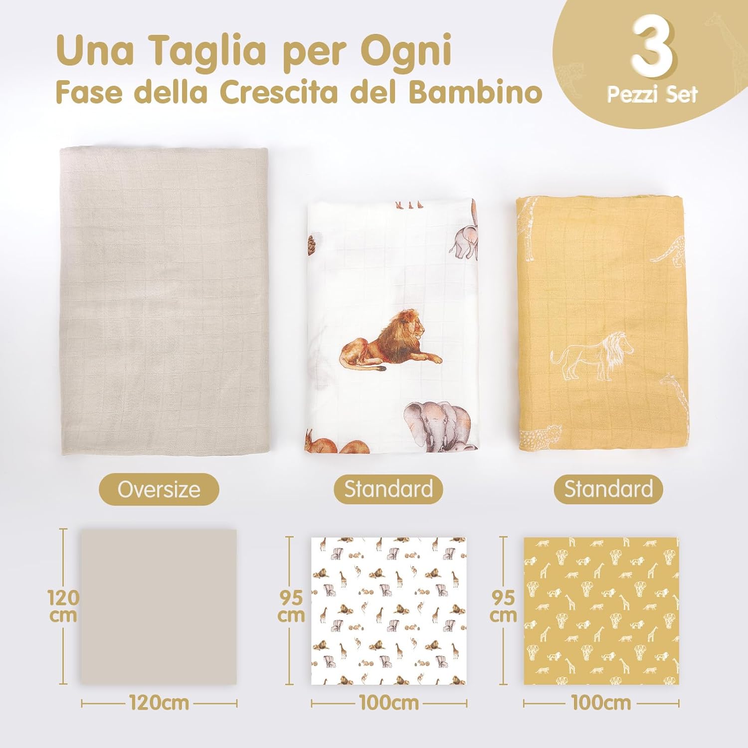 Thumbnail 2 de Hahaland Mussole Neonato in cotone bambù 100% naturale – set copertine swaddle (120x120 e 100x95 cm)