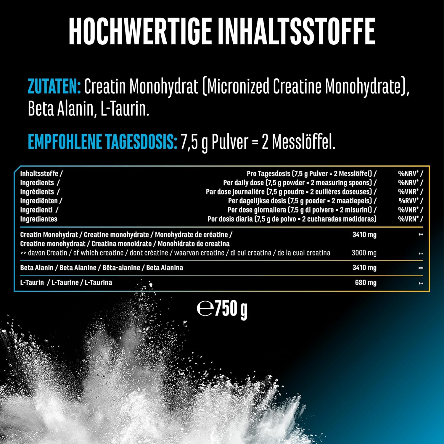 Detalle de GEN German Elite Nutrition Creatin Beta Alanin Stack (Creatin Monohydrat + Beta-Alanin + L-Taurin) – 750 g Pulver