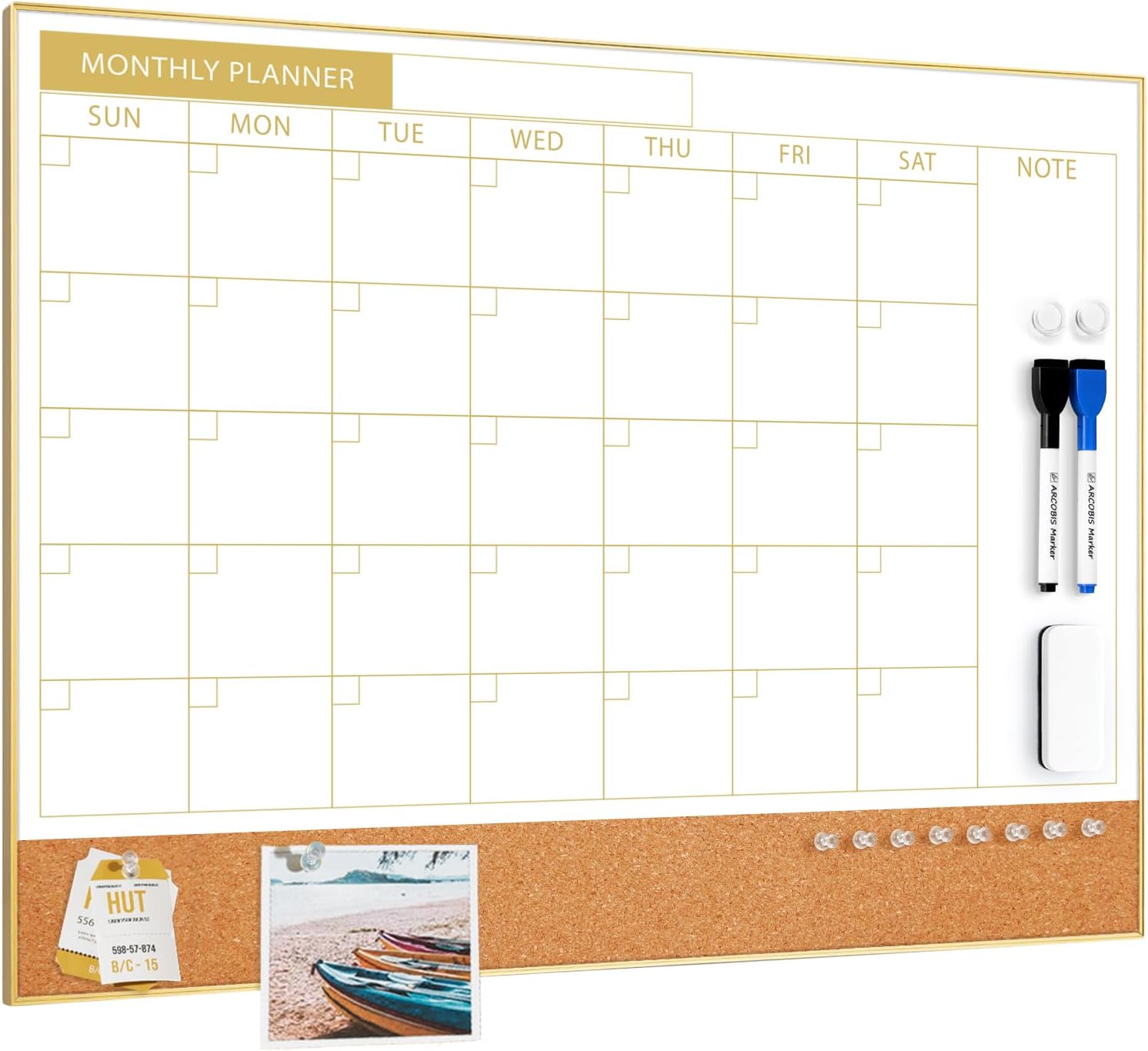 Detalle de ARCOBIS COM2418-MONTH-Gold-H Monthly Calendar Whiteboard, Magnetic 24" x 18" with Cork