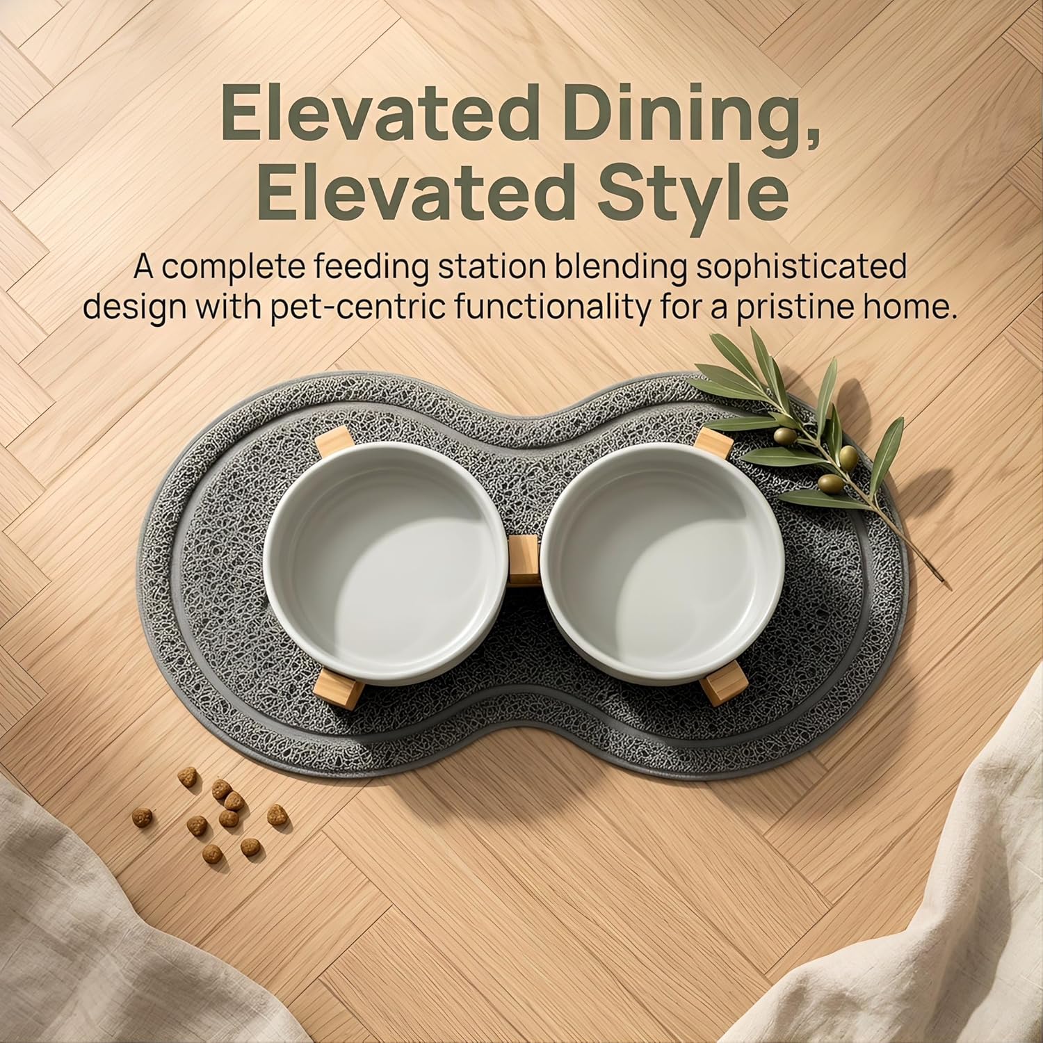 Detalle de Vurixfo Ceramic Pet Bowl Set with Stand & Non-Slip Mat (4 Pack) 400ml Grey