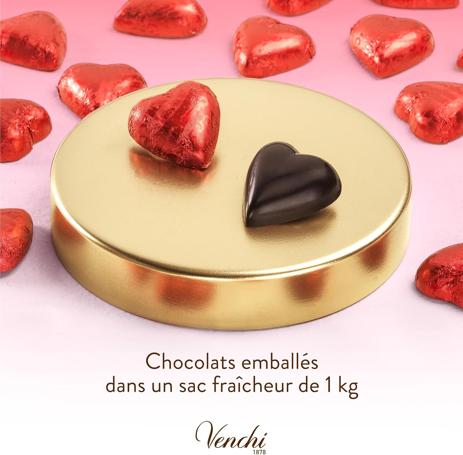 Detalle de Venchi Chocolats Valentines Extra Noirs 75% – Cœur, 1 kg, sans gluten, végan