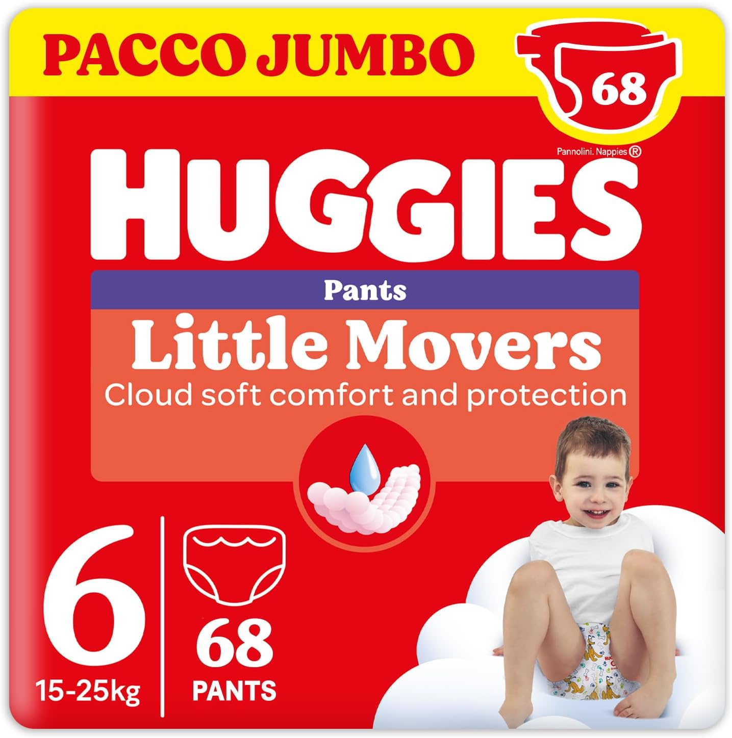 Detalle de Huggies Little Movers Mutandina Pannolino Taglia 6 (15-25 kg) – Pacco Jumbo 68 pz